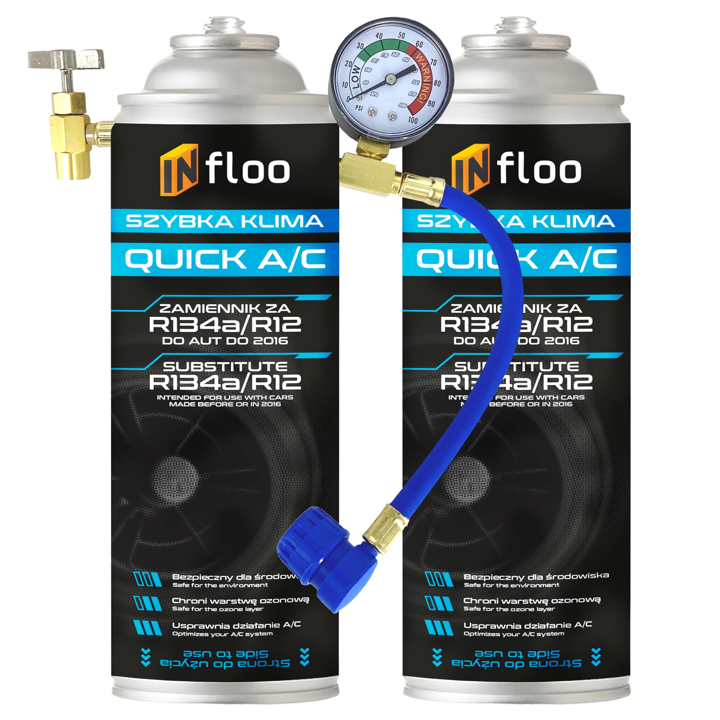 INfloo 2x Quick A/C R134a Kältemittel + Schlauch mit Manometer + Handschuhe | Für Fahrzeuge bis Baujahr 2016