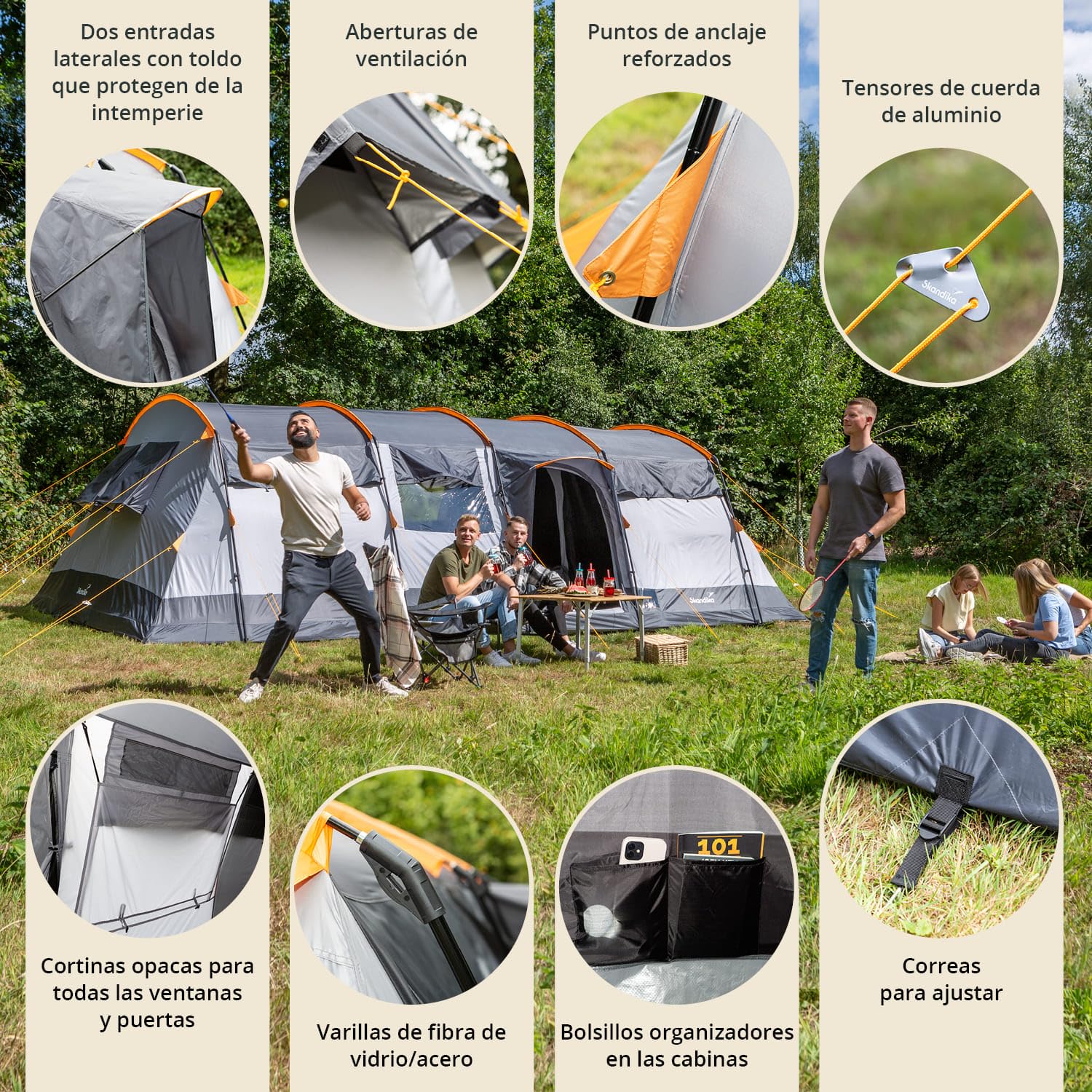 Skandika Hurricane para 12 Personas | Tienda de Camping túnel con/sin Suelo Cosido, con/sin Sleeper Technology, 2 cabinas para Dormir, Columna de Agua de 5000 mm