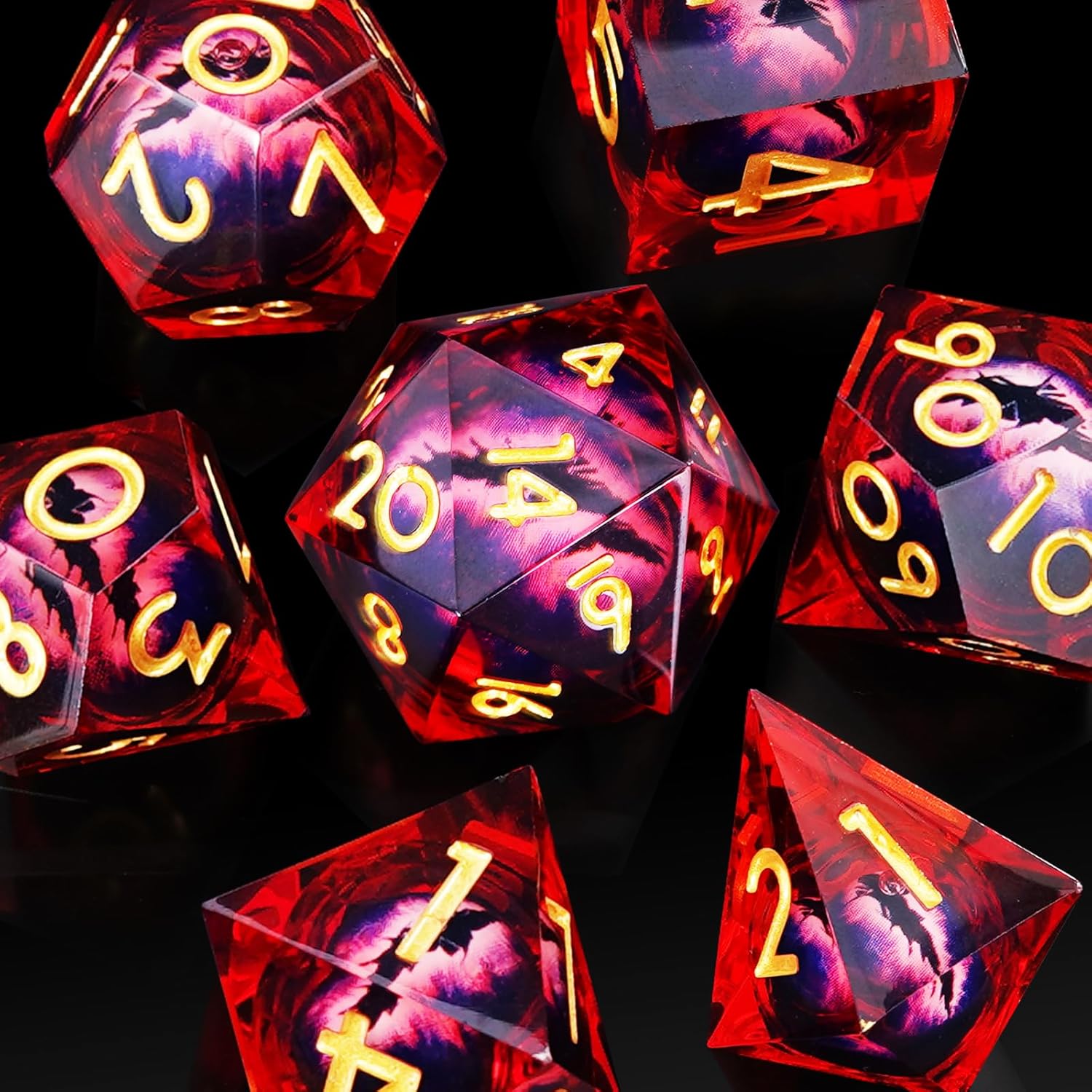 DND Resin Dice Dragon Eye Liquid Core Dice Set Sharp Edged Dice Set with Box, Dungeons and Dragons Polyhedral Dice, D&D RPG Role Playing Games (Transparent Red)