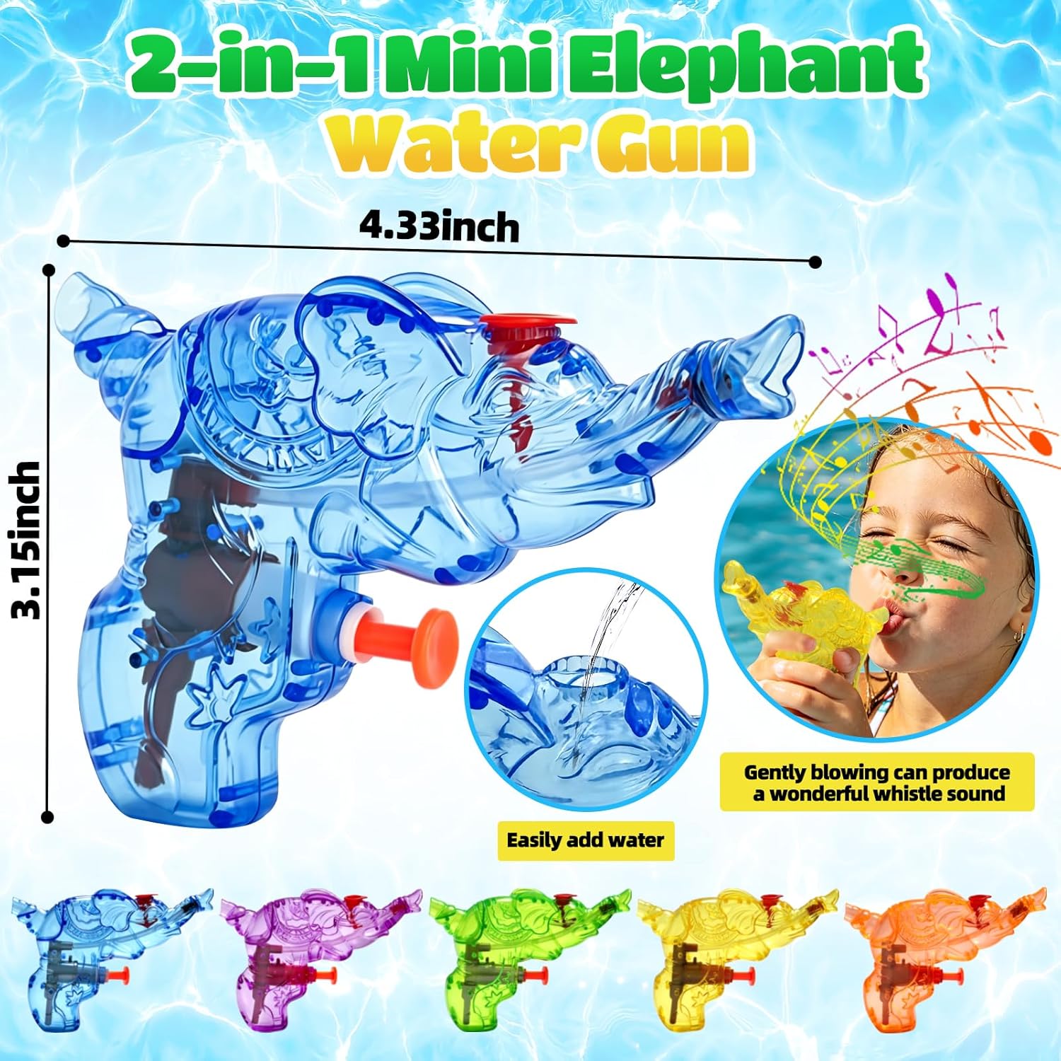 32 Pcs Mini Elephant Water Gun with Whistle, Colorful Mini Squirt Blaster, Kids Toy for Summer Beach, Pool Party Favors & Outdoor Water Fight Games