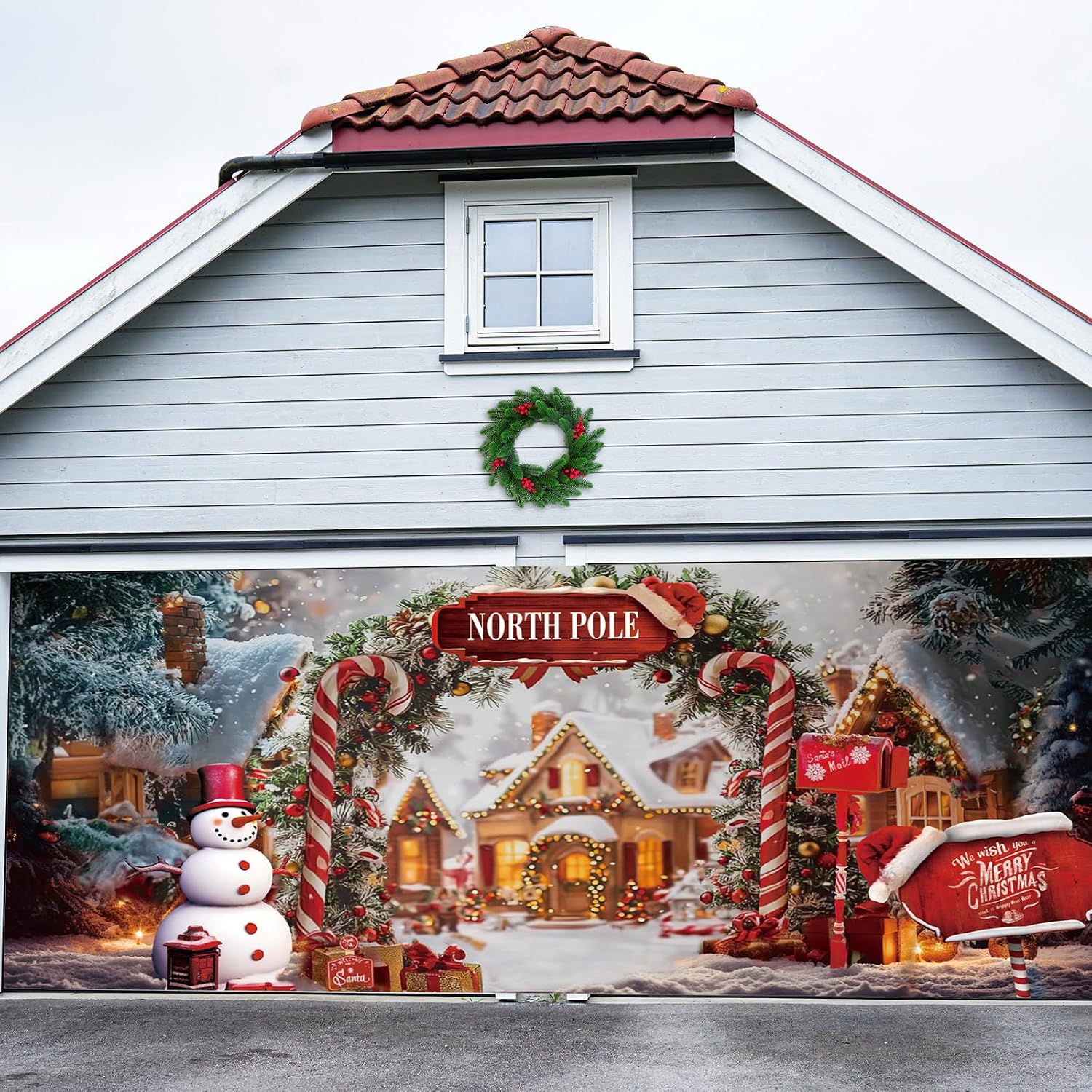 Fanfanwin Christmas Garage Door Cover Banner 7 x 16ft Christmas Garage Door Decorations Santa Claus Snowman Elk Holiday Decorations for Xmas Winter Party Yard, Porch, Patio Decoration (Fresh)