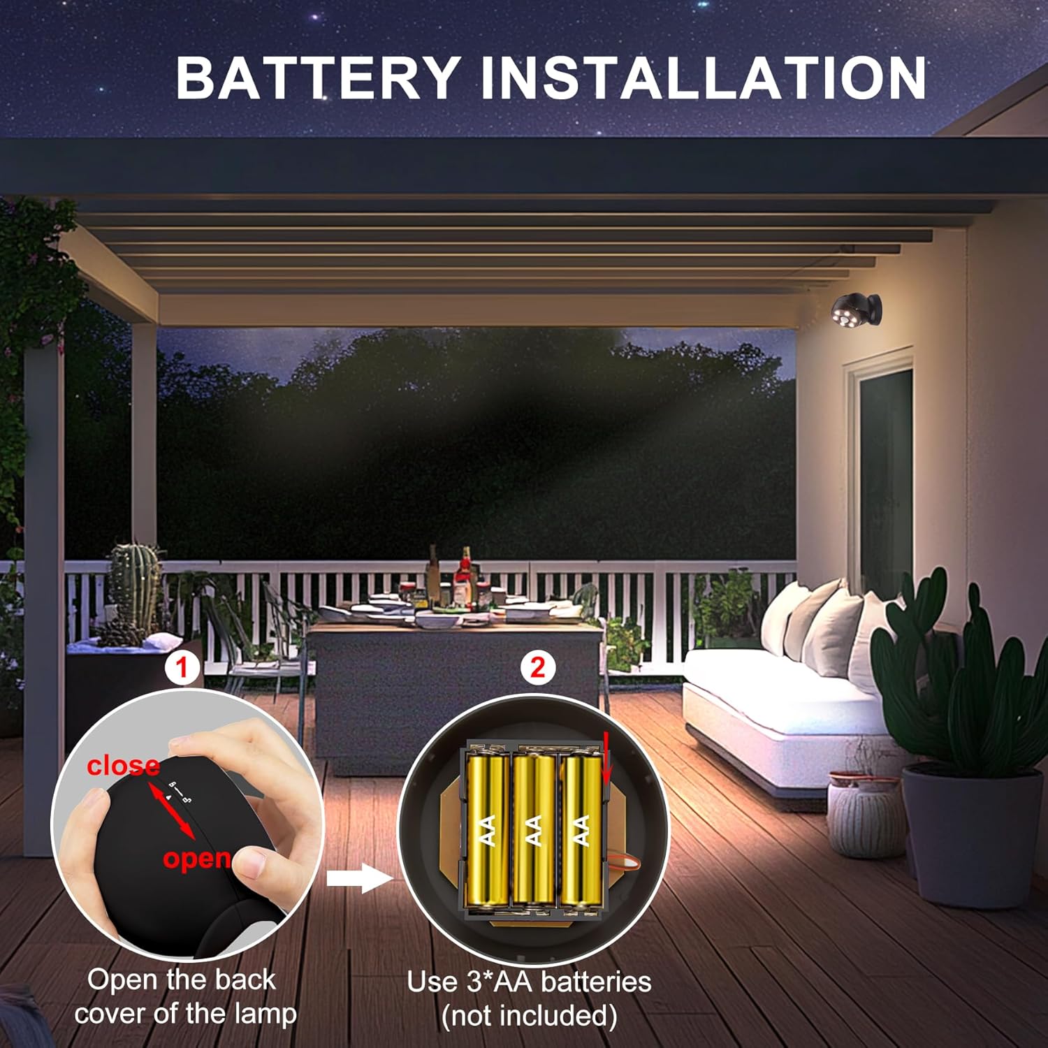 LUXSWAY Battey Powered Motion Sensor Outdoor Light Waterproof Flood Light Security Lights Wireless Motion Detector Lights Auto ON Off Spotlight Wall Lighting for Garage Patio Yard (Black)