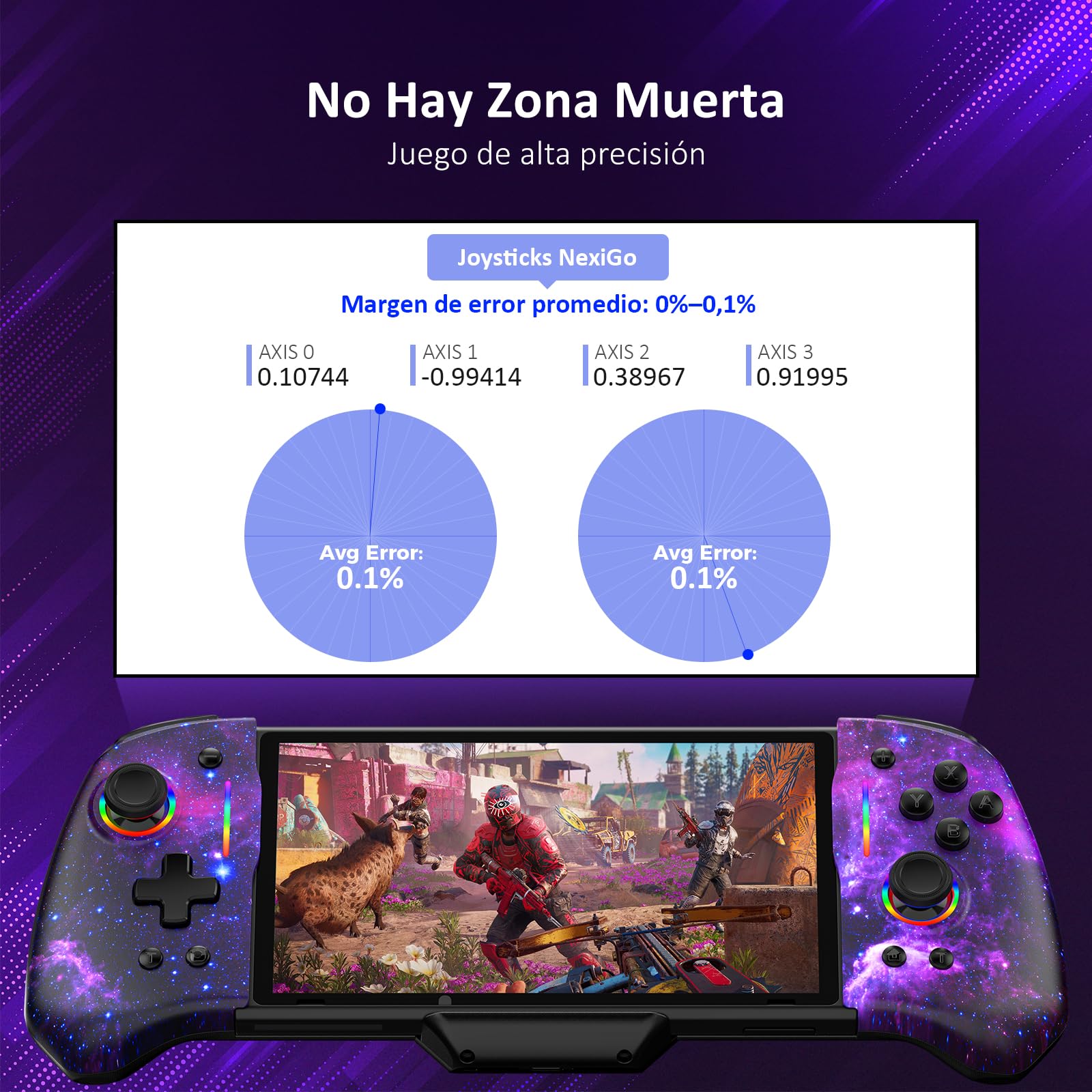 NexiGo Hall Effect Gripcon (Sin Deriva, Sin Zona Muerta) con Joystick de Detección de Efecto Hall para Switch/Switch OLED, Luz RGB Ajustable, Giroscopio de 6 Ejes, Turbo, Mapeo (Cosmic Nebula)