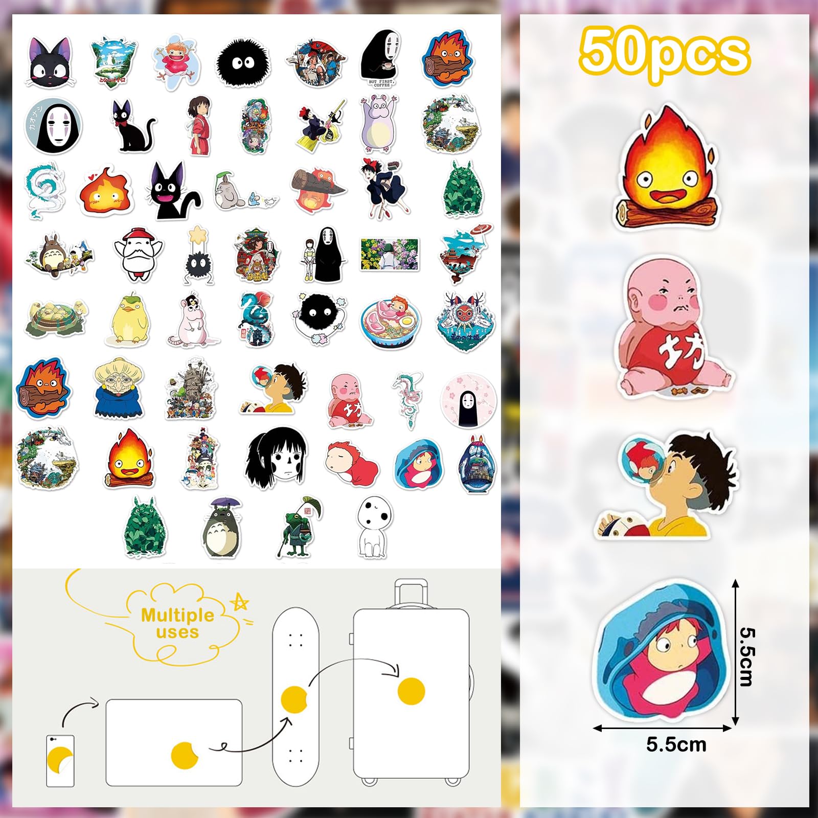 YOGARTH 50 Pièces Autocollants Kawaii Anime Stickers en Vinyle pour Guitares Ordinateur Portable