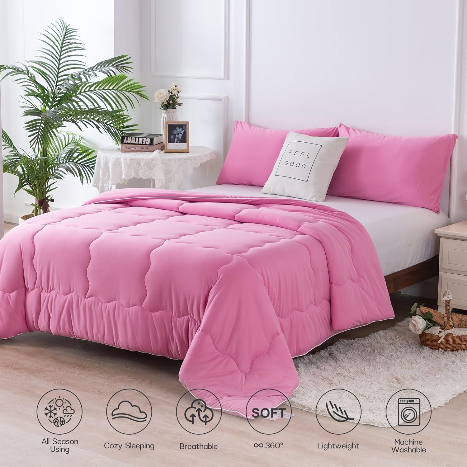 COTTEBED Softness Comforter Set KING Size Bed, Jersey Knit T-Shirt Feel Ultra-Soft Breathable Comy Cozy Lightweight Bedding Down Blanket Pillowsham Women Girl All Season, California/Cal King Rose Pink - Image 4