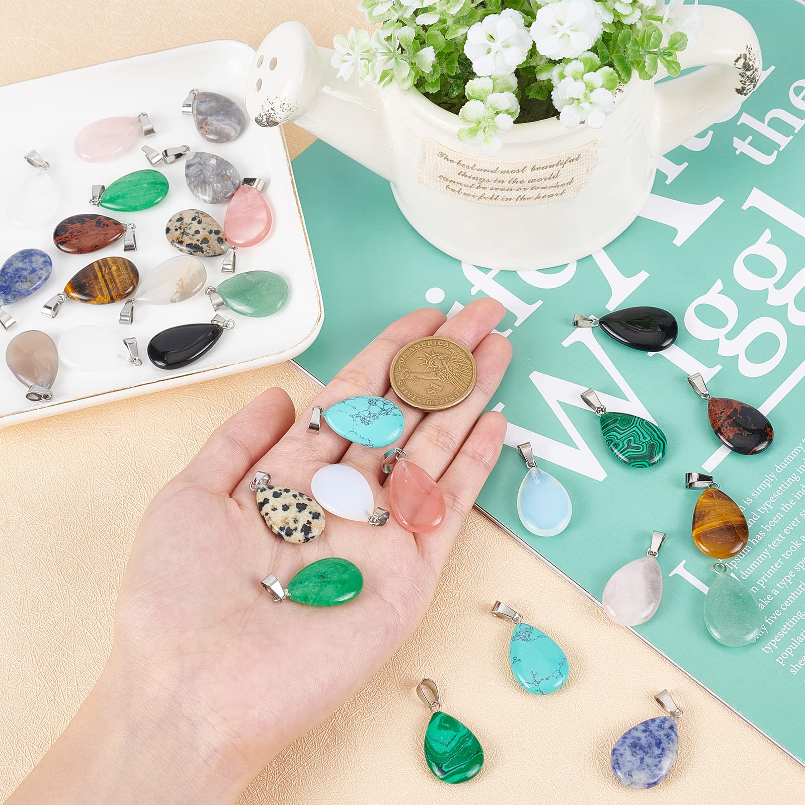 SUNNYCLUE Gemstone Pendants Natural Energy Healing Crystal Mixed Gemstone Charms Colorful Chakra Beads for DIY Jewelry Making Crafts Supplies