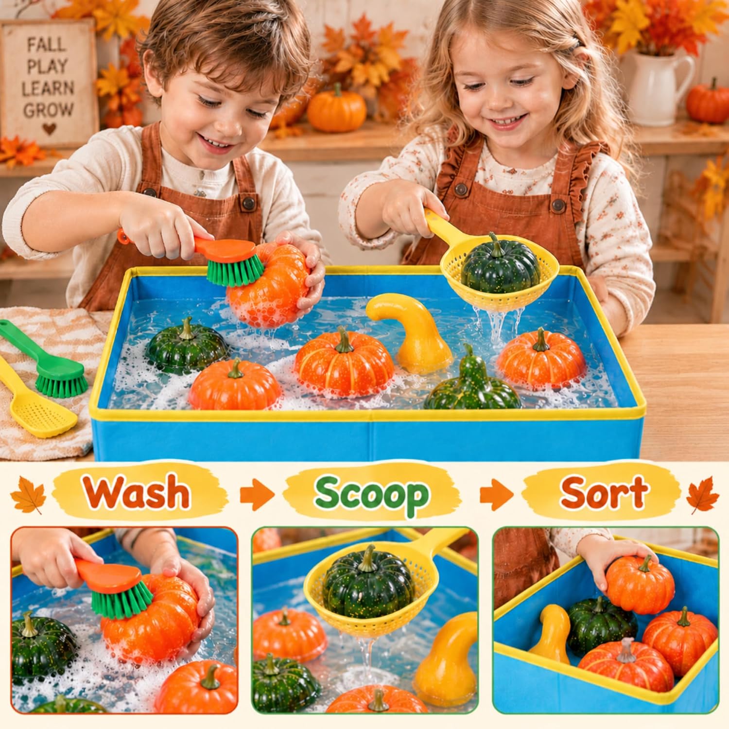 Rtteri Washing Pumpkin Fall Sensory Bin Kit for Kids, 10 Pcs Sorting Toys image 5