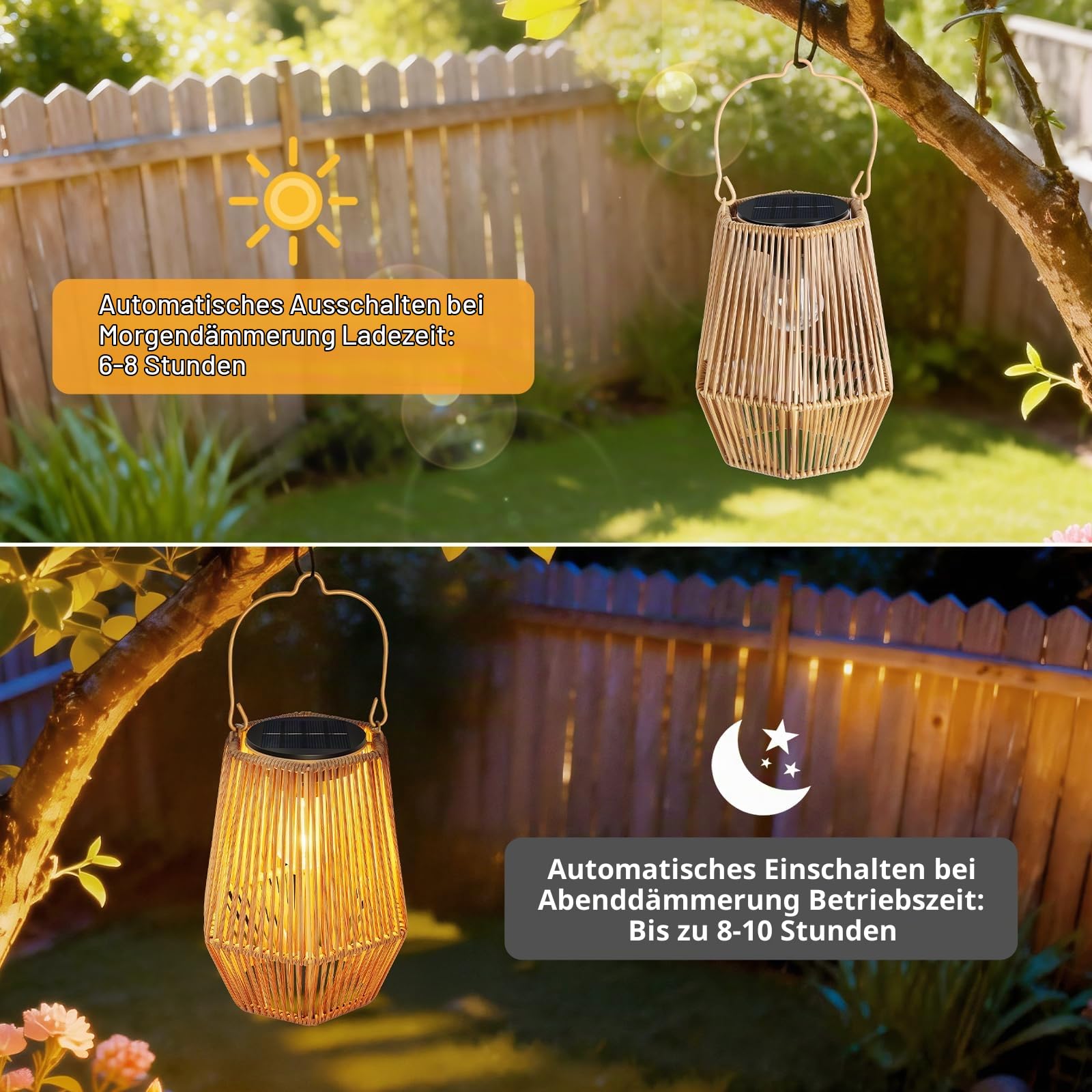 2er Set Solarlaternen für Außen, Rattan Hängend/Stehend mit LED, wasserdicht, Automatisches Ein-/Ausschalten, Handgefertigt, dekorativ für Garten, Terrasse, Veranda, Balkon & Tisch