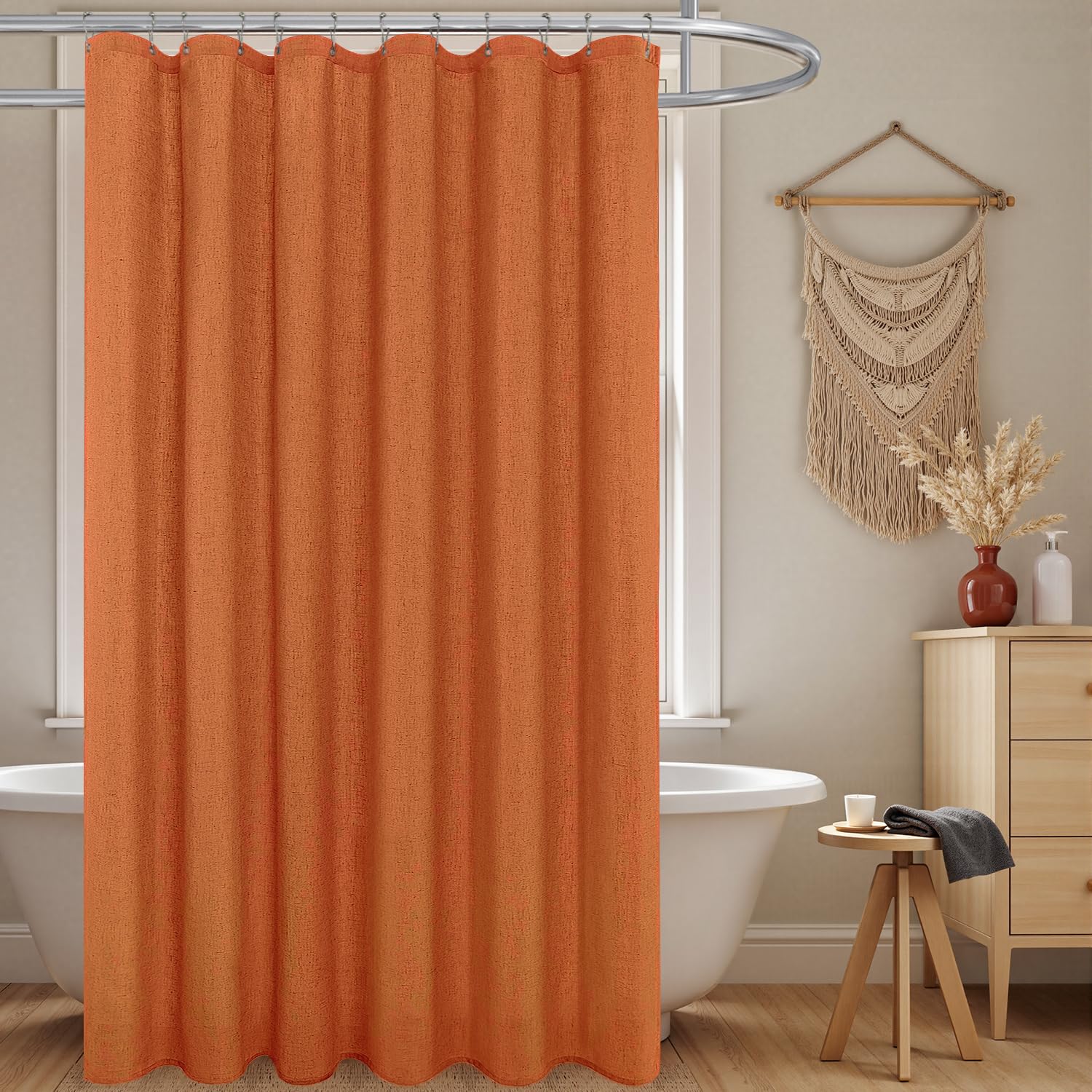 KOUFALL Fall Orange Shower Curtain for Bathroom,Dark Burnt Pumpkin Color Decor Linen Cloth Waterproof Fabric Autumn Shower Curtains Set with Hooks,