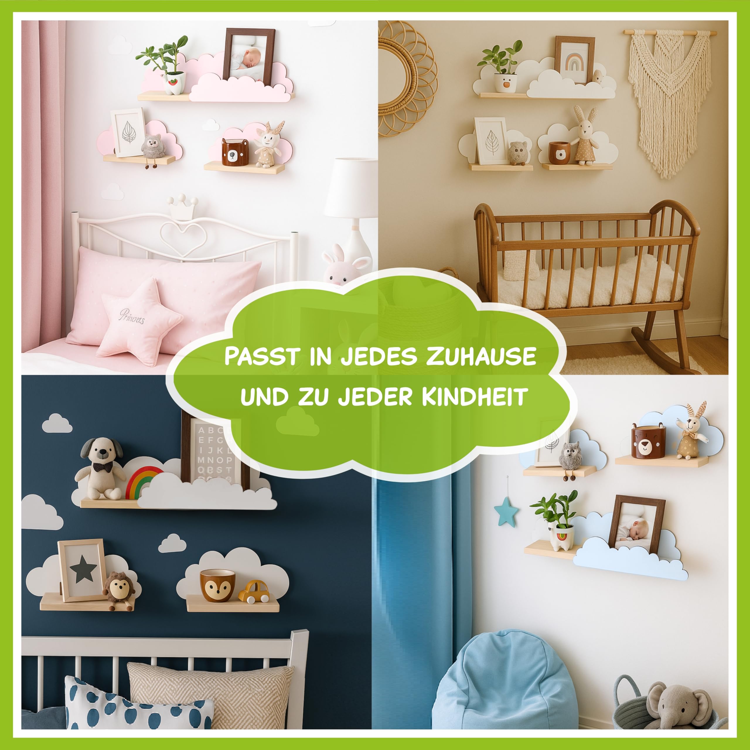 Outentin Wandregal Wolke aus Holz – 3er Set Kinderregal für Kinderzimmer & Babyzimmer – Handgefertigtes Holzregal aus Kiefer – Wandaufbewahrung & Deko für Spielzimmer, Bücher & Spielzeug - Rosa