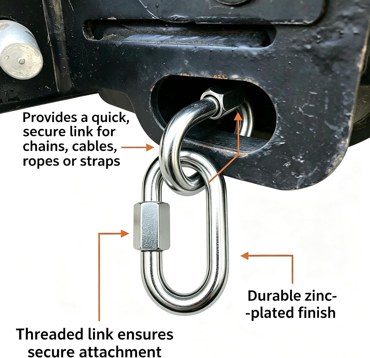 Threaded Quick Link Trailer Safety Chain Hook Carabiner Clip, 3/8-Inch Diameter, 11,000 lbs Break Strength