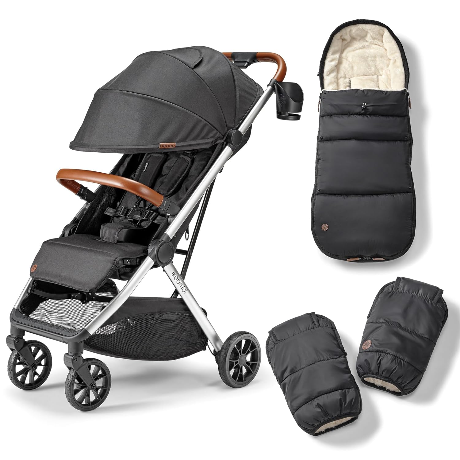 Bombi Bēbee V2 Lightweight Baby Stroller Bundle with Handmuff & Footmuff – Premium Vegan Leather, One-Hand Fold, All-Terrain Design, UV Protective Fabric, Cozy Accessories Included