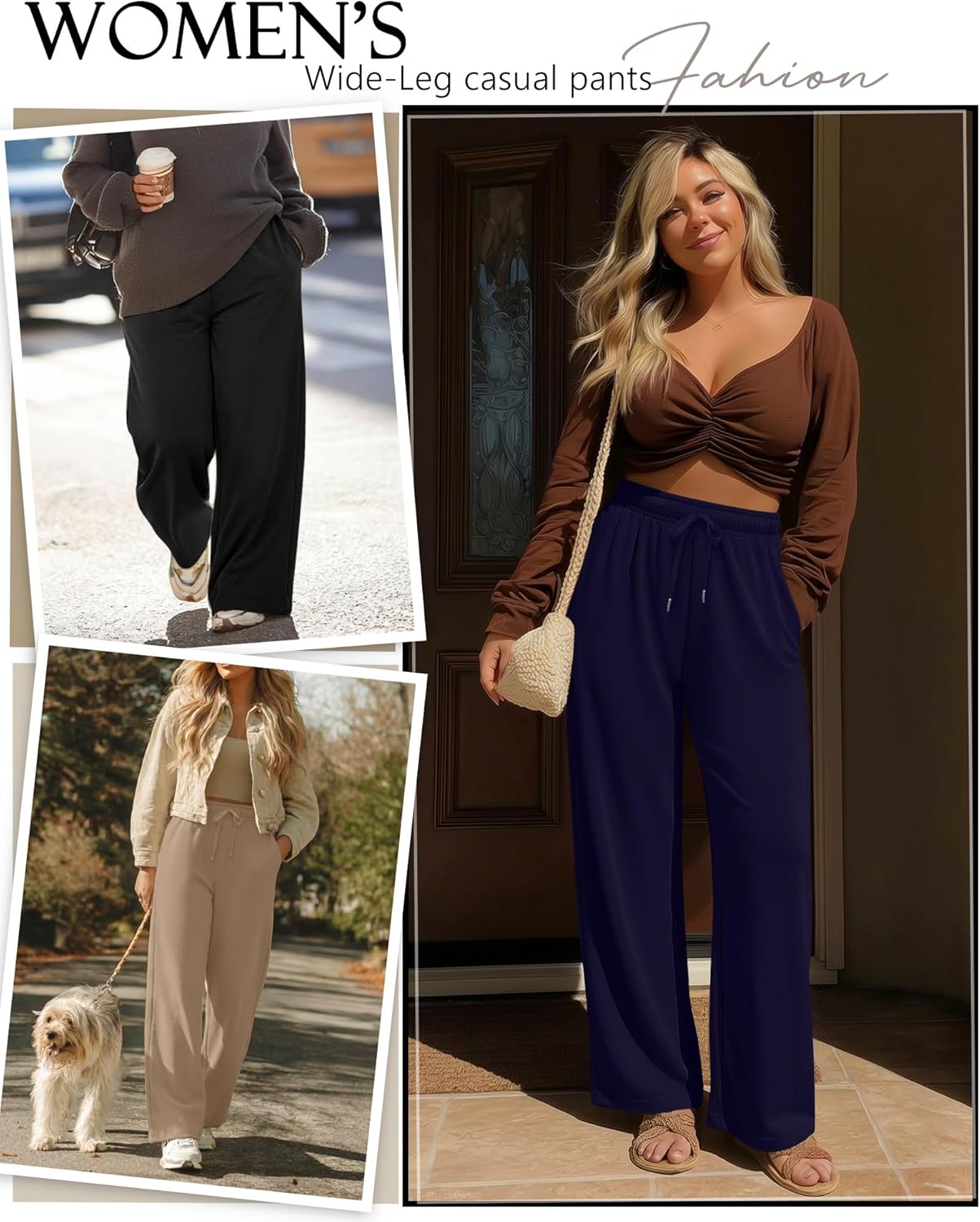 Huukeay 3 Pack Women Plus Size Pants, Straight Wide Leg Lounge Pants Elastic Fall Drawstring Casual Loose Trouser with Pocket - Image 2
