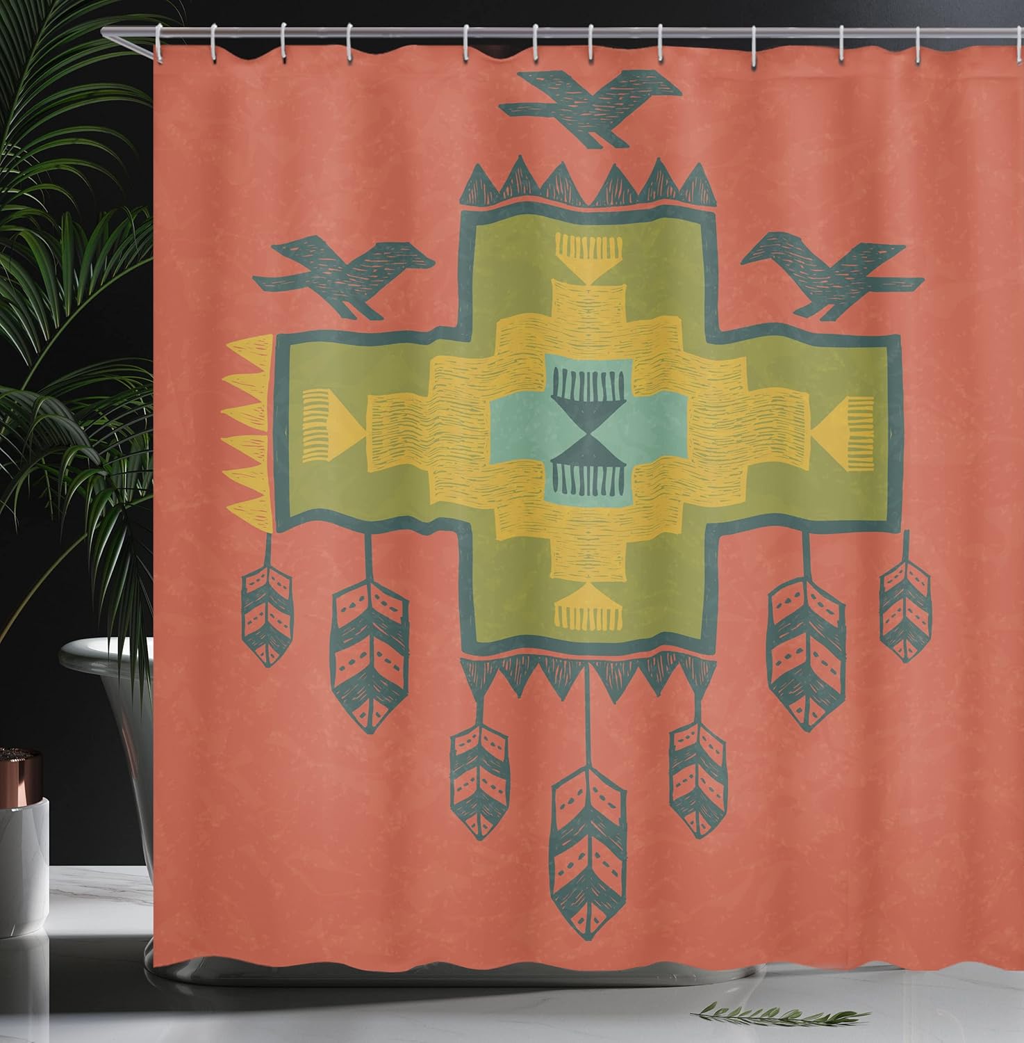 Ambesonne Tribal Shower Curtain, Hand Drawn Dreamcathcher Folkloric Birds Image, Cloth Fabric Bathroom Decor Set with Hooks, 69" W x 75" L, Pale Ruby and Multicolor