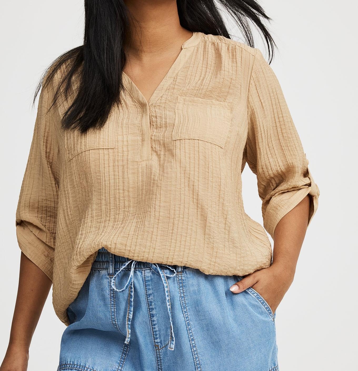 Torrid Women's Plus Size Shirt - Harper Textured Stripe 3/4 Pullover Blouse