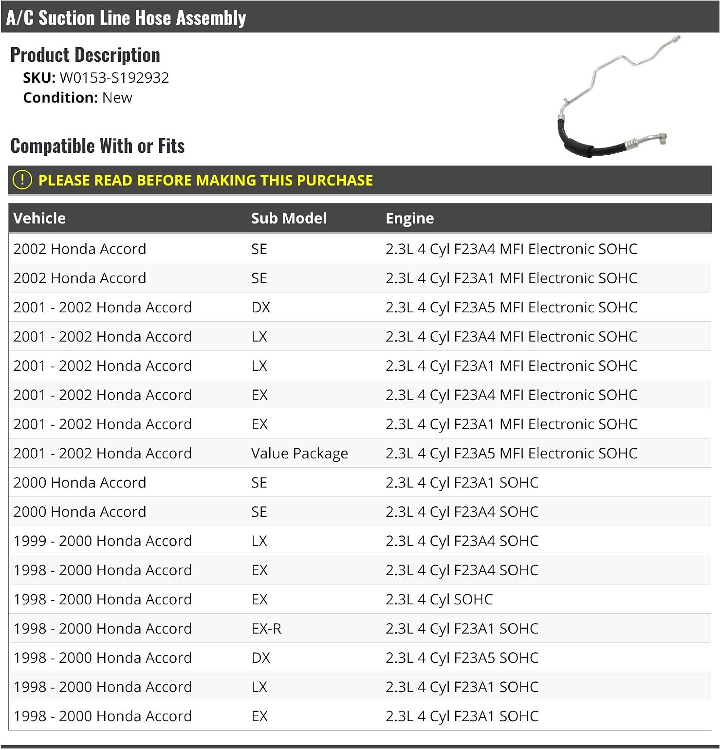 Marketplace Auto Parts A/C Suction Line Hose Assembly - Compatible with 1998-2002 Honda Accord