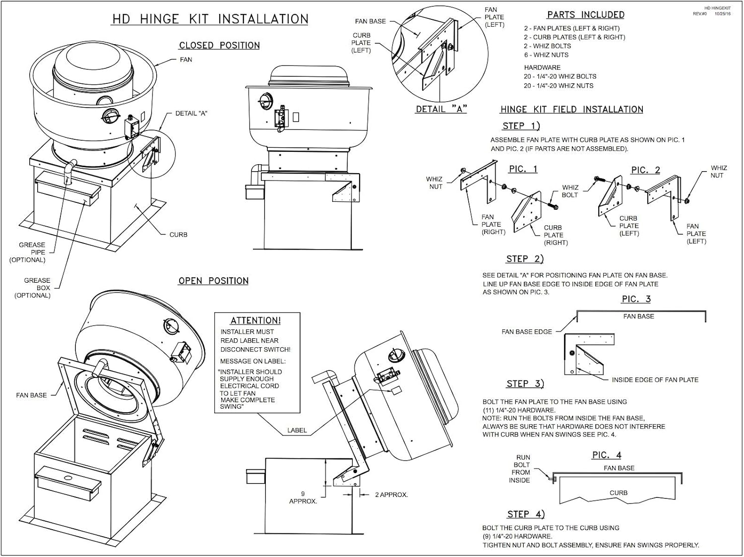 CAPTIVE-AIRE Heavy Duty Hinge Kit with Locking Spring Pin for Restaurant Canopy Hood Exhaust Fan (Used on Fans with wheels larger than 20" or Fans with bases of 33” or larger)