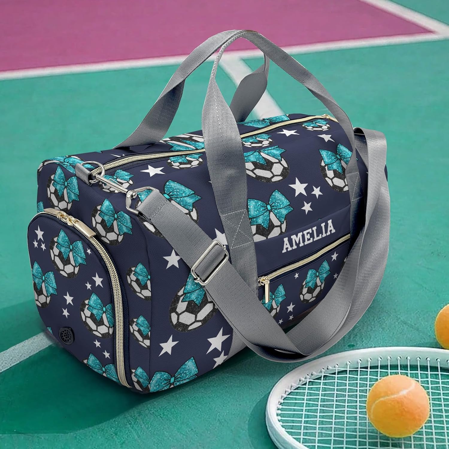 Glitter Star Soccer Bow Personalized Sports Duffel Bag Custom Overnight Weekend Travel Bag for Women Gym Dance Bags with Shoes Compartment