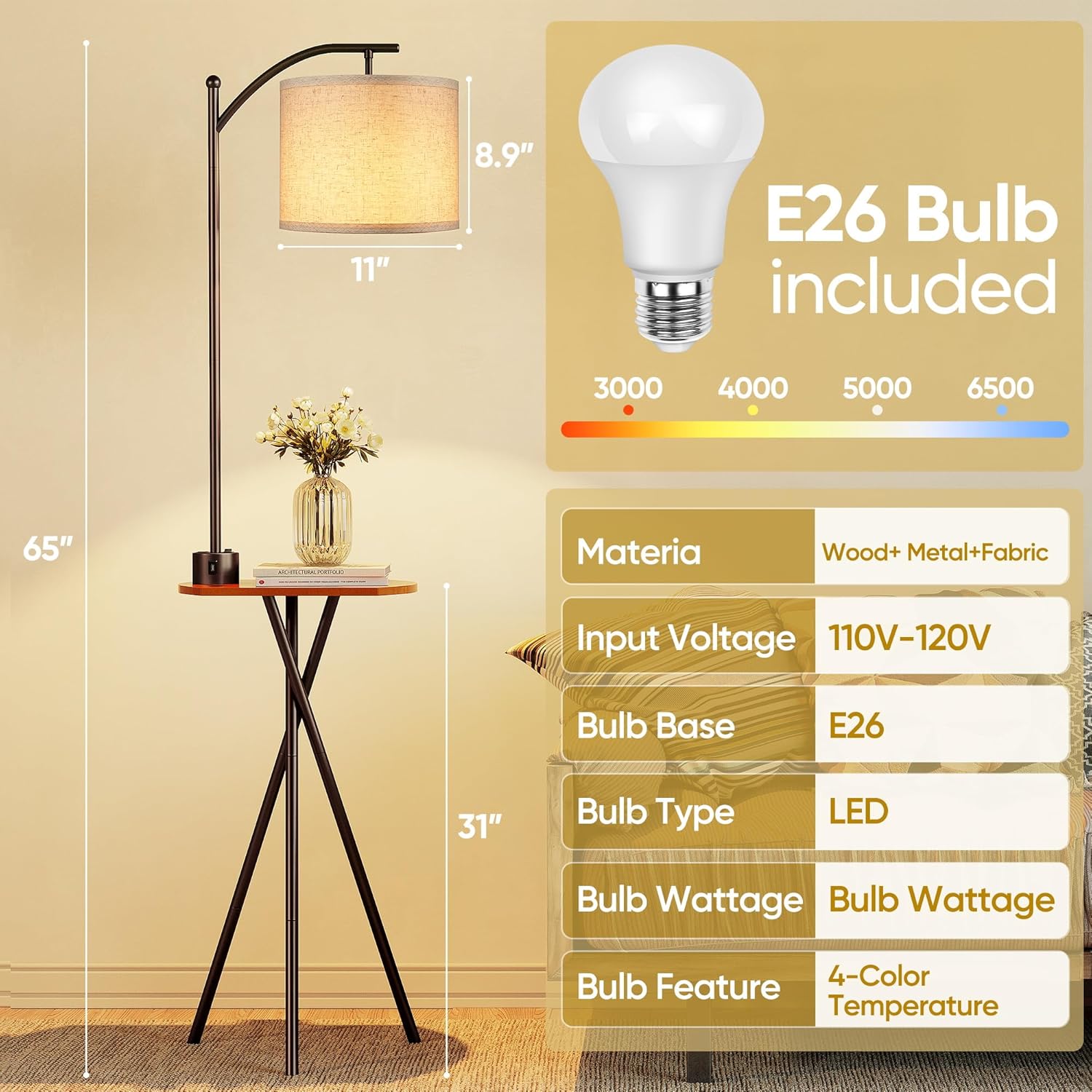 ROTTOGOON Floor Lamp with Table, End Table Lamp with Remote Control and Charging Station(USB & Type-C & AC Port), 4 Color Temperatures, Floor Lamps for Living Room, Bedroom and Home Office,Brown