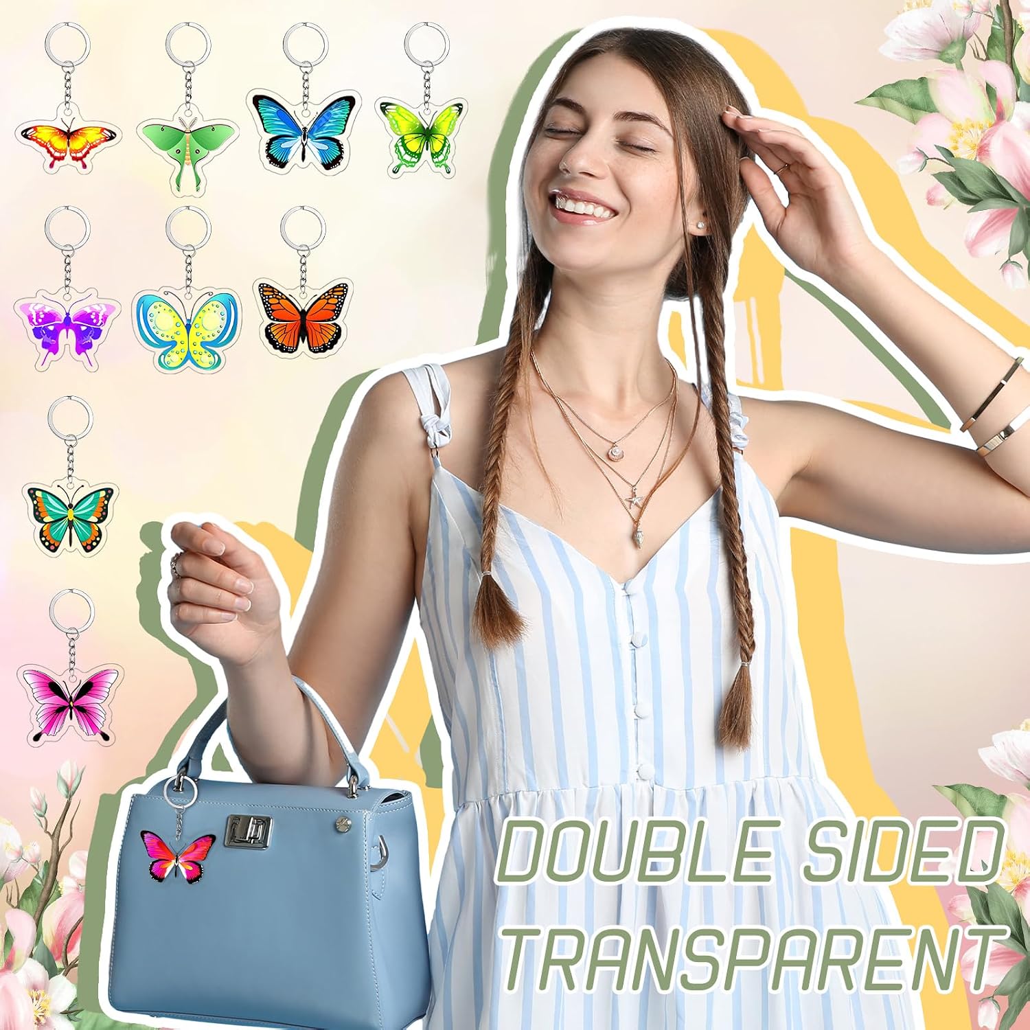 Sureio 50 Pcs Butterfly Keychain Favors Butterfly Keyring Fairy Pendants