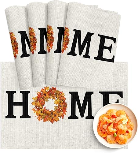 Miniatura 8 de Juego de 6 manteles individuales de Acción de Gracias, lavables, de PVC, hojas de calabaza, azul, naranja, otoño, vintage, beige, manteles