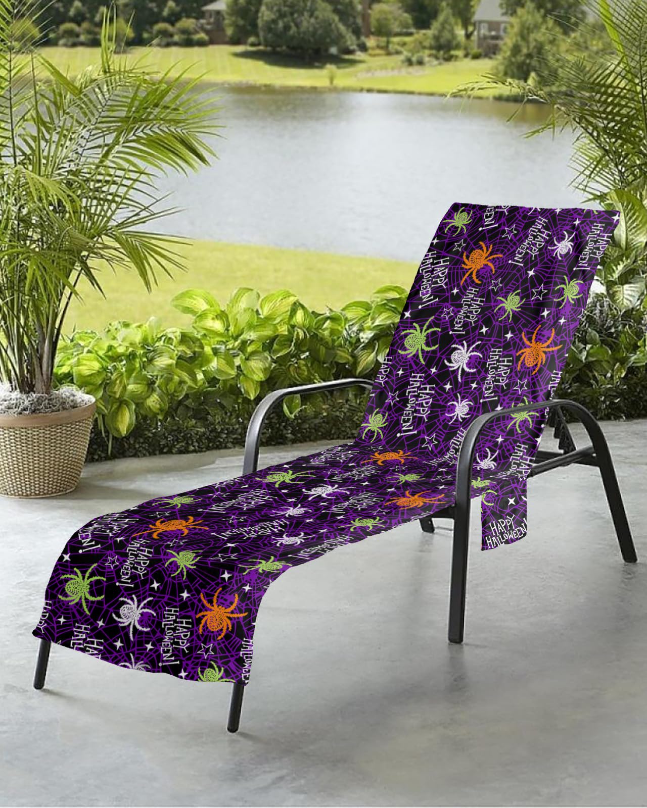 Halloween Beach Chair Towel Covers for Chaise Lounge with Side Pocket, Soft Plush Pool Towels Cover for Patio Sunbathing Outdoor 29''x85'' Spooky Horror Watercolor Purple Black