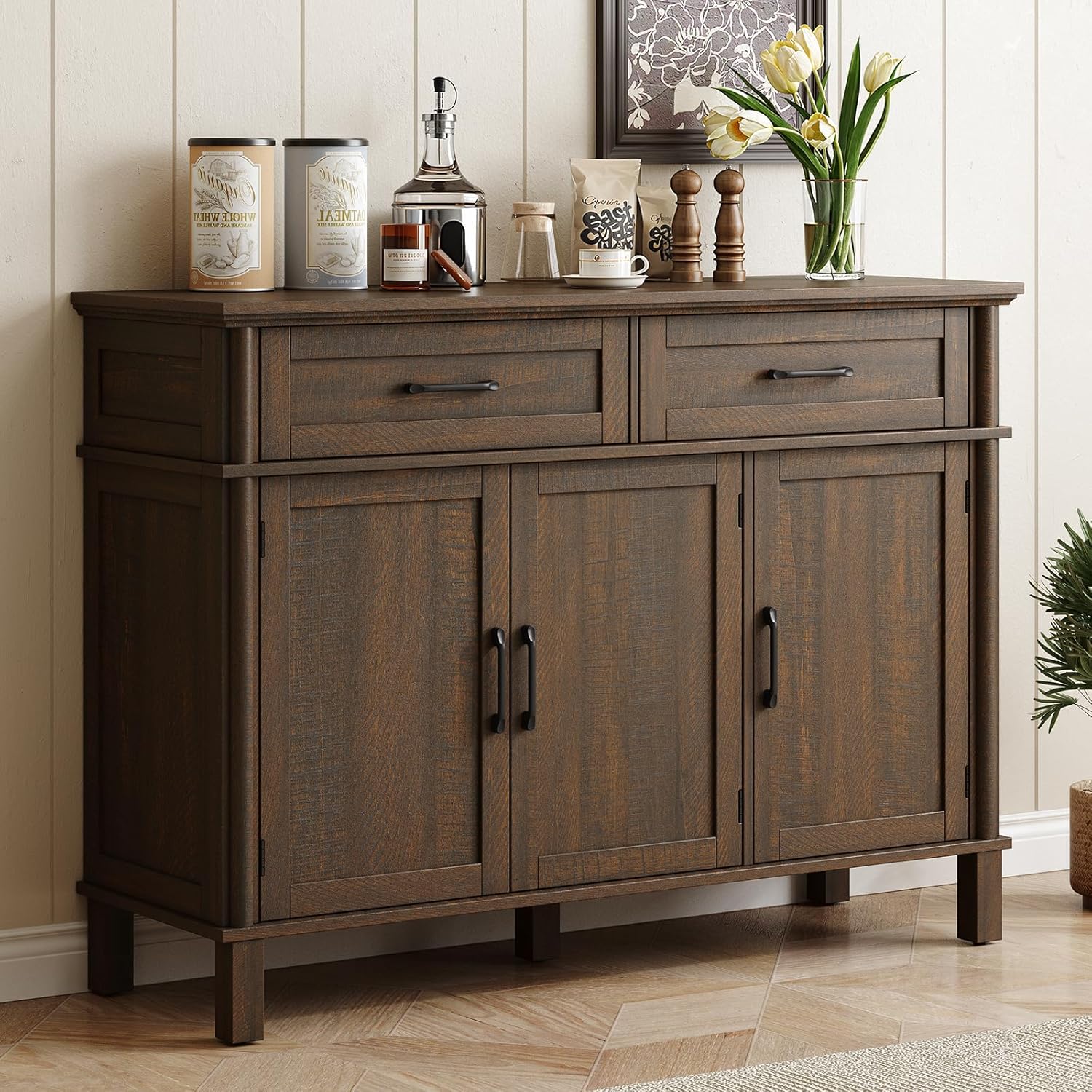 ONBRILL 48 Inch Farmhouse Buffet Sideboard Cabinet with 2 Drawers, 3 Doors & Adjustable Shelves - Brown Storage for Kitchen, Dining Room