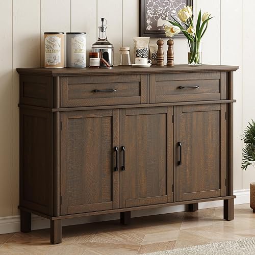 ONBRILL 48 Inch Buffet Cabinet with Storage, Farmhouse Sideboard Buffet w/2 Drawers and 3 Doors, Wood Coffee Bar Cabinet with Adjustable Shelves, Sideboard Storage for Kitchen, Living Room, Brown