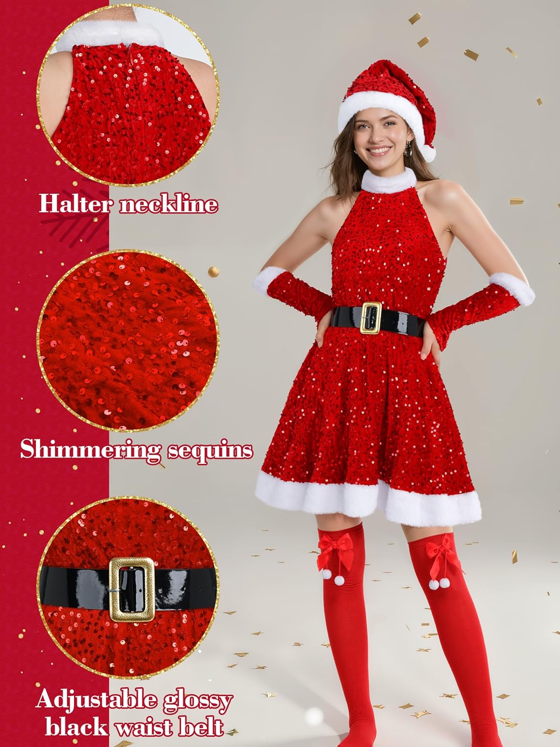 SOMSOC 6 Pack Women Santa Claus Costume Sparkly Red Sequin Halter Dress with Belt Hat Socks for Christmas Parties (S-XXL) - Image 3