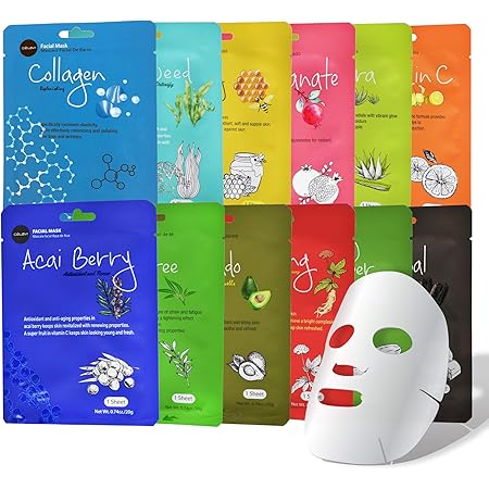 Celavi Essence Facial Sheet Face Mask Variety Set Classic Authentic Korean Moisturizing Skincare (12-Packs)