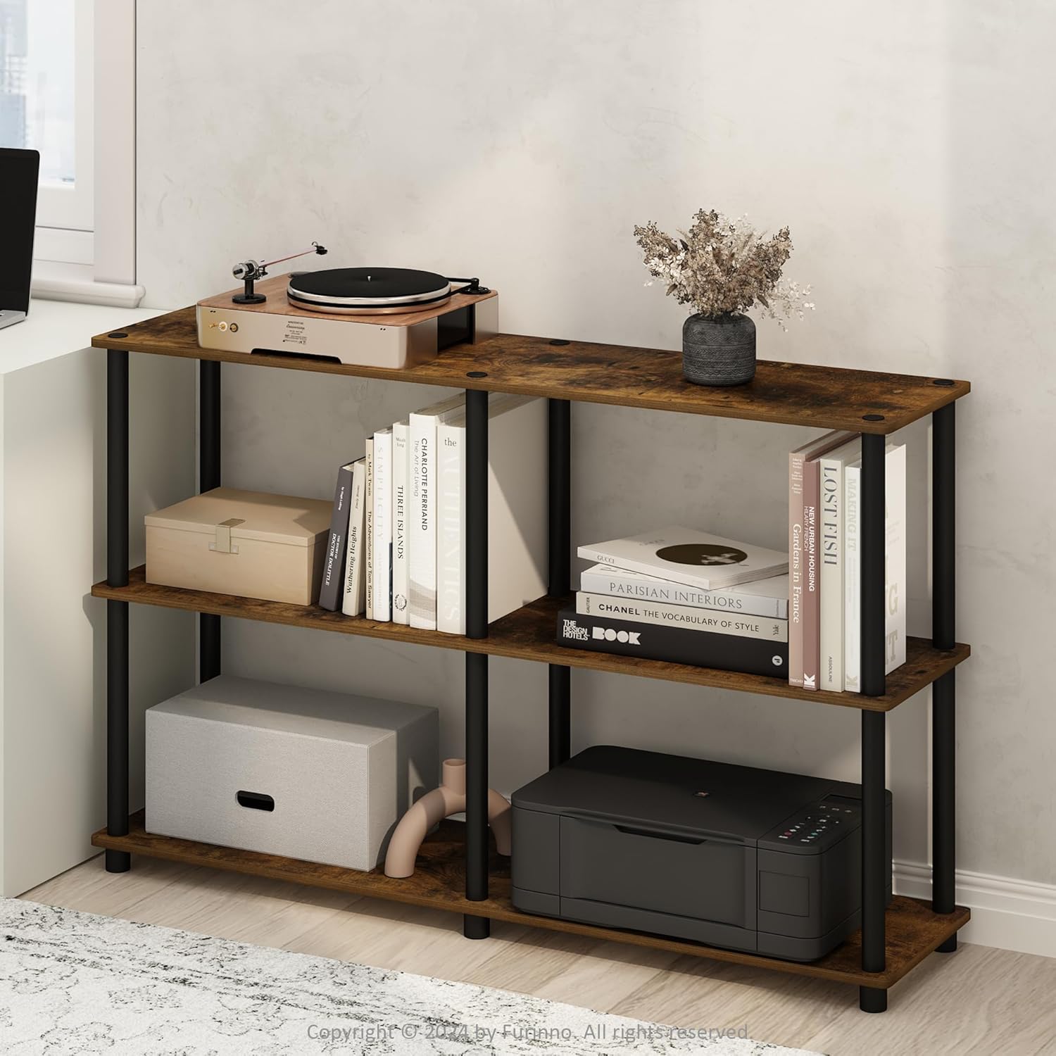 Furinno Turn-N-Tube Storage Shelves, 3-Tier 47.4 Wide Book Shelf, Corner Shelf, Toolless Open Shelves, for Organization and Storage, Living Room, Garage, Home Office, Amber Pine