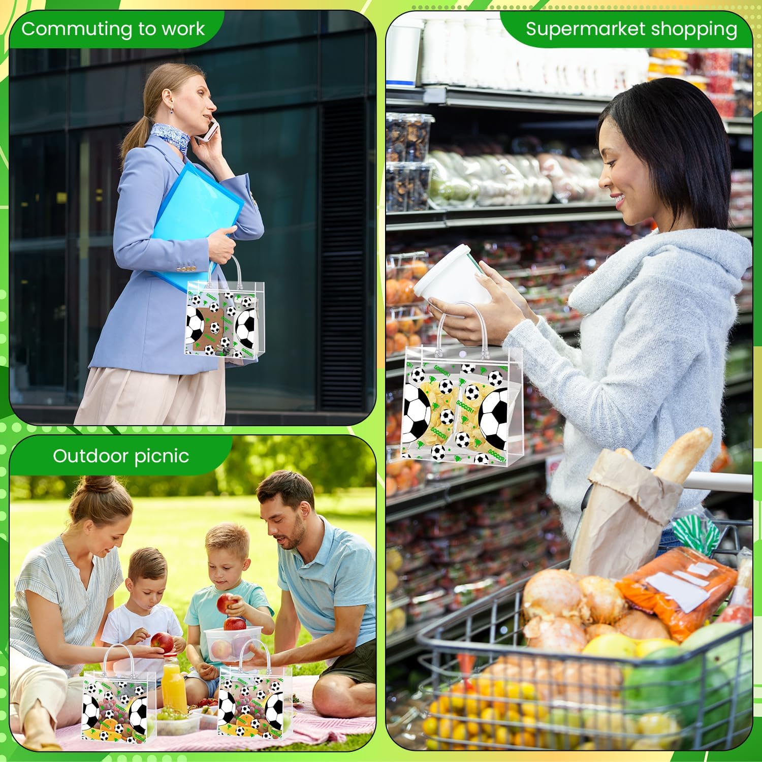 Soccer Themed PVC Tote Bags - 24 Pack Clear Plastic Gift Bags with Handles & Snap Button, 8"x3.2"x8" Soccer Party Favor Bags for Sports Events, Birthday Parties, Team Gifts - Image 6