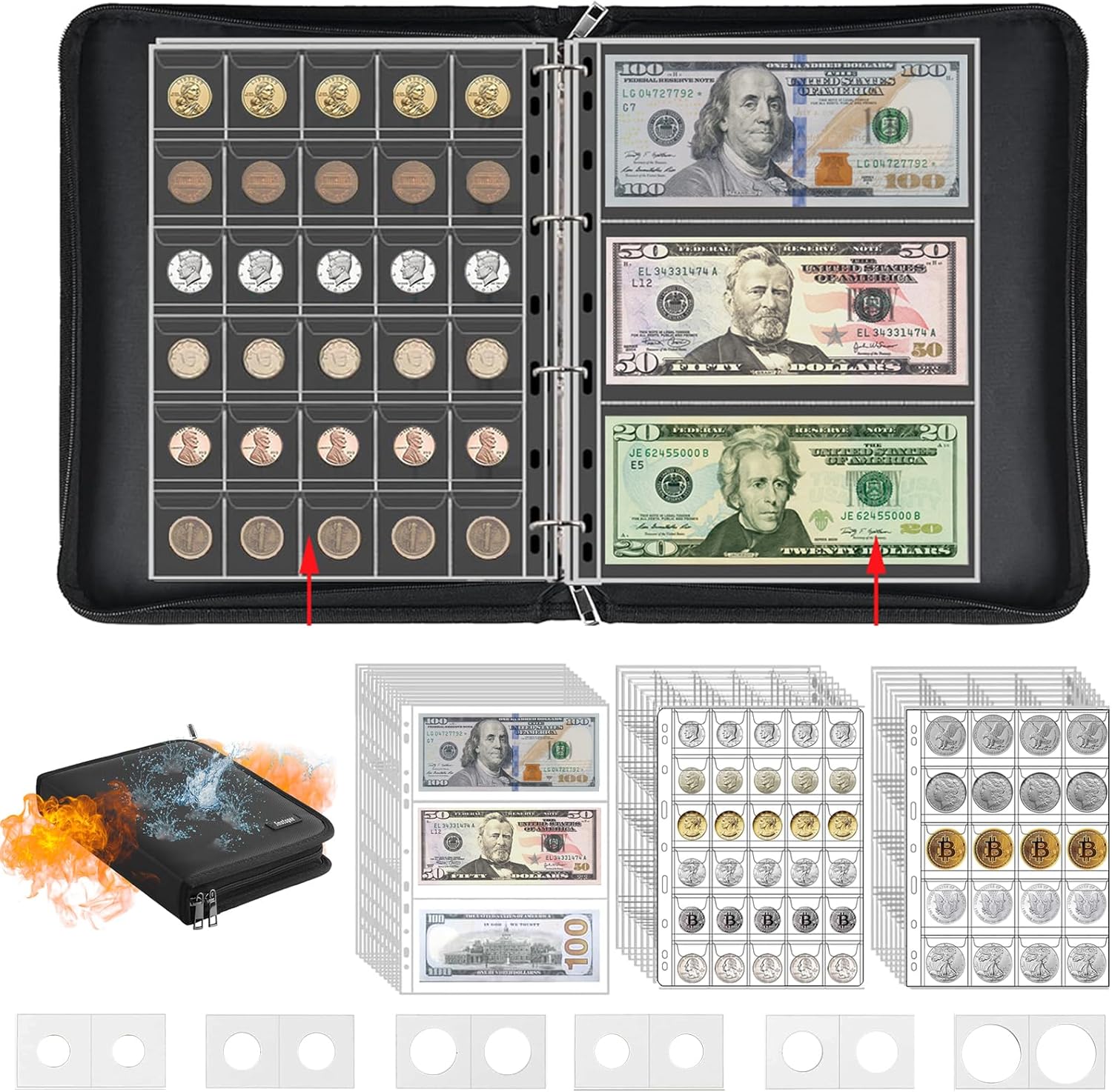Fireproof Coin Collection Book Holder for Collectors,400 Pockets Fireproof Coin Holder Book & 36 Paper Currency Binder Sleeves, Coin Storage Collecting Organizer for Pennies,Bill,Tokens,Badges