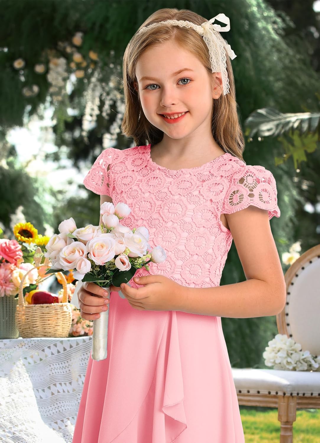 HOSIKA Girls Vintage Lace Chiffon Ruffle Sleeve A-Line Wedding Party Junior Bridesmaid Dress for Kids 6-12 Years - Image 4