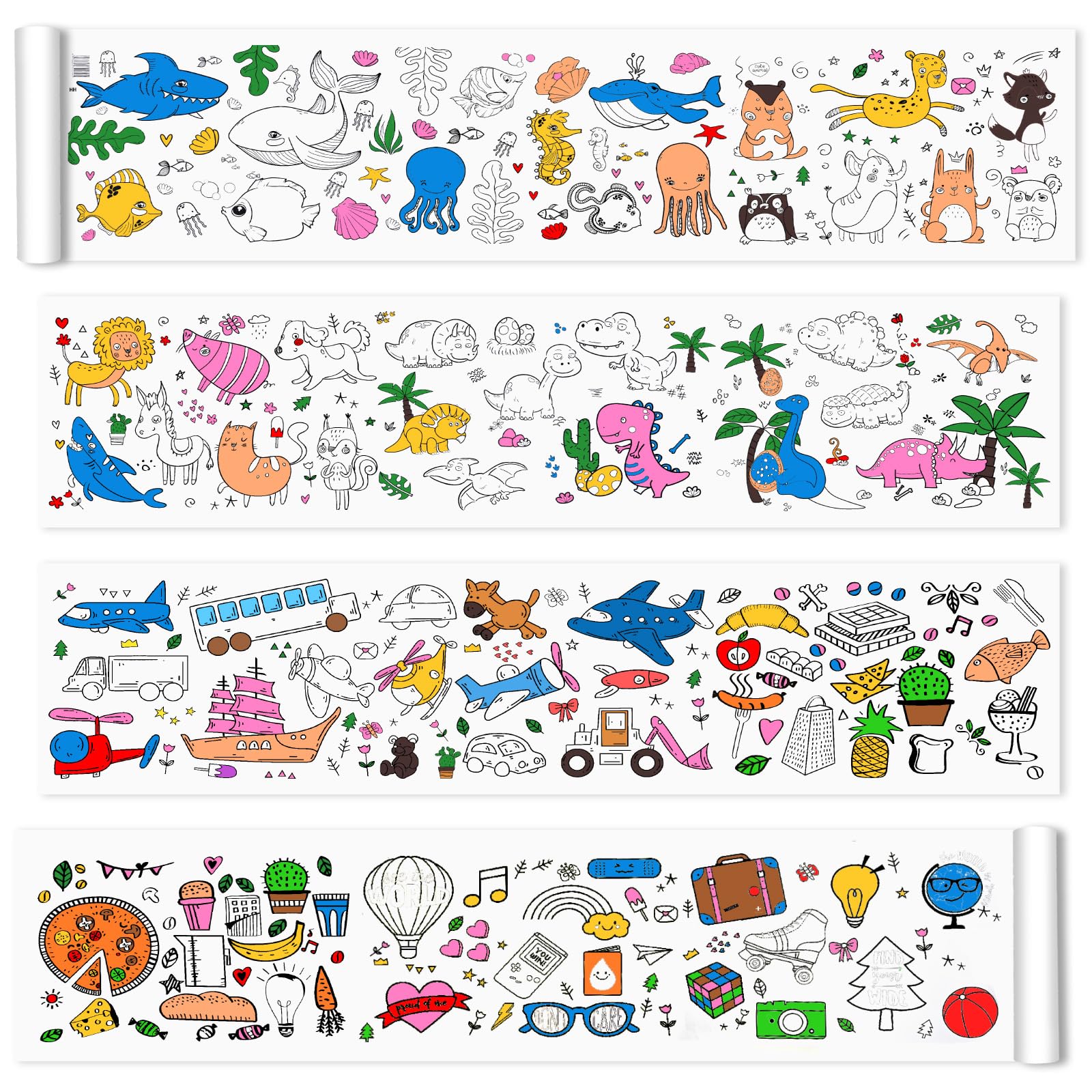 Nicime 236 * 11.8inch 6 Styles Coloring Roll, Animal Transportation Food DIY Drawing Roll, Painting Paper for Classroom Home Wall Supplies Favor (Not Toy)