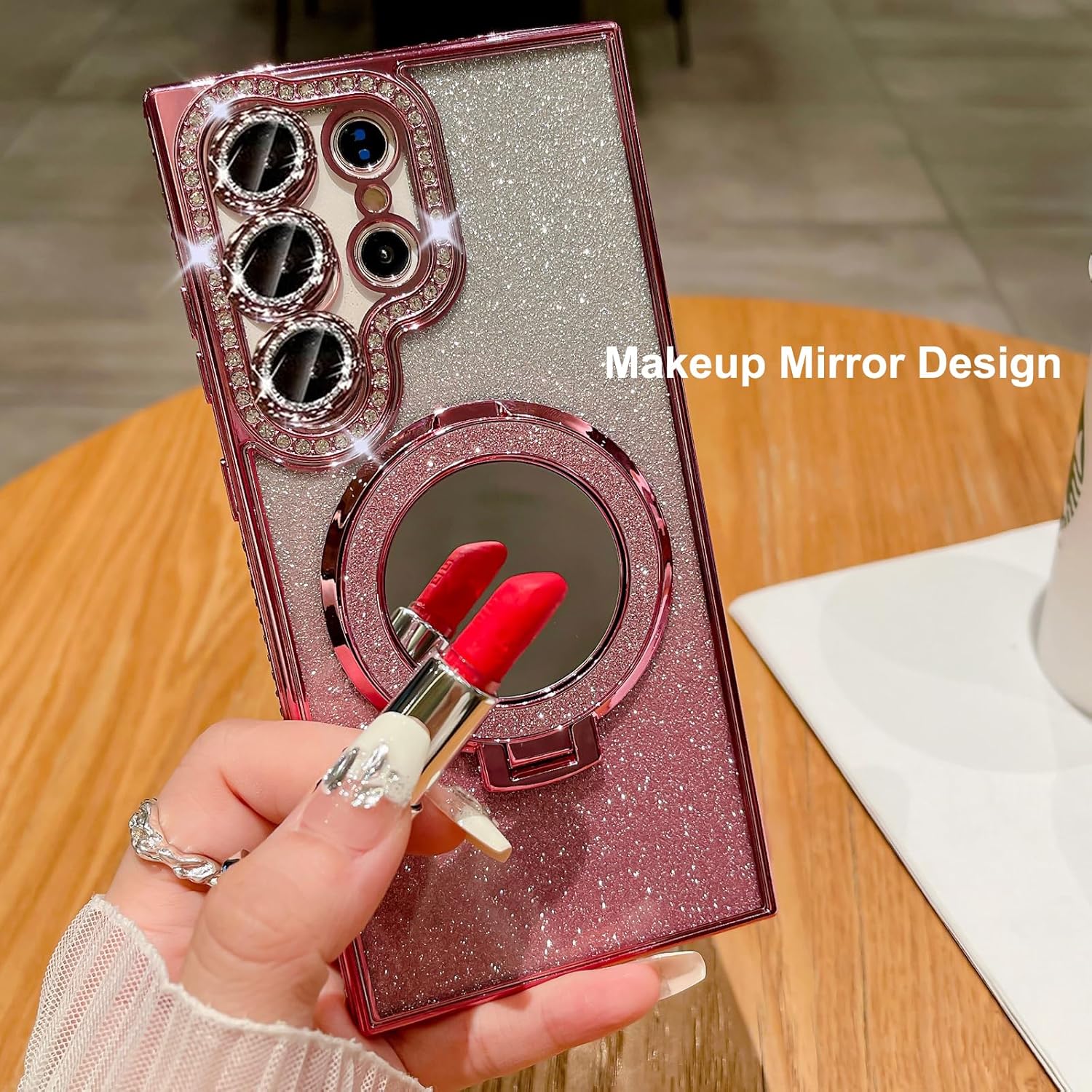 for Samsung Galaxy S25 Ultra Magnetic Kickstand Glitter Case,[Compatible with Magsafe] Bling Sparkly Rhinestone with Camera Protector Makeup Mirror Women Girl Case for Galaxy S25 Ultra,Silver - Image 6