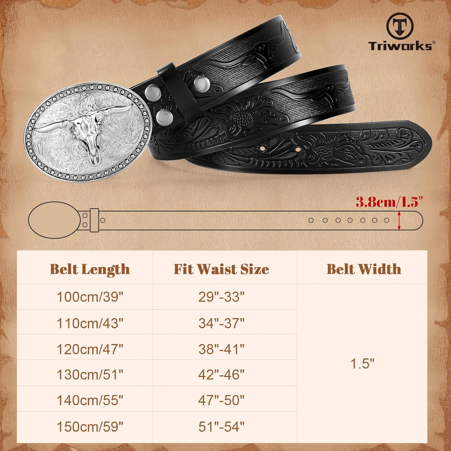 TRIWORKS Western Belts for Men Women, Cowboy Cowgirl Belt Embossed Western Country Leather Belts for Jeans - Image 6