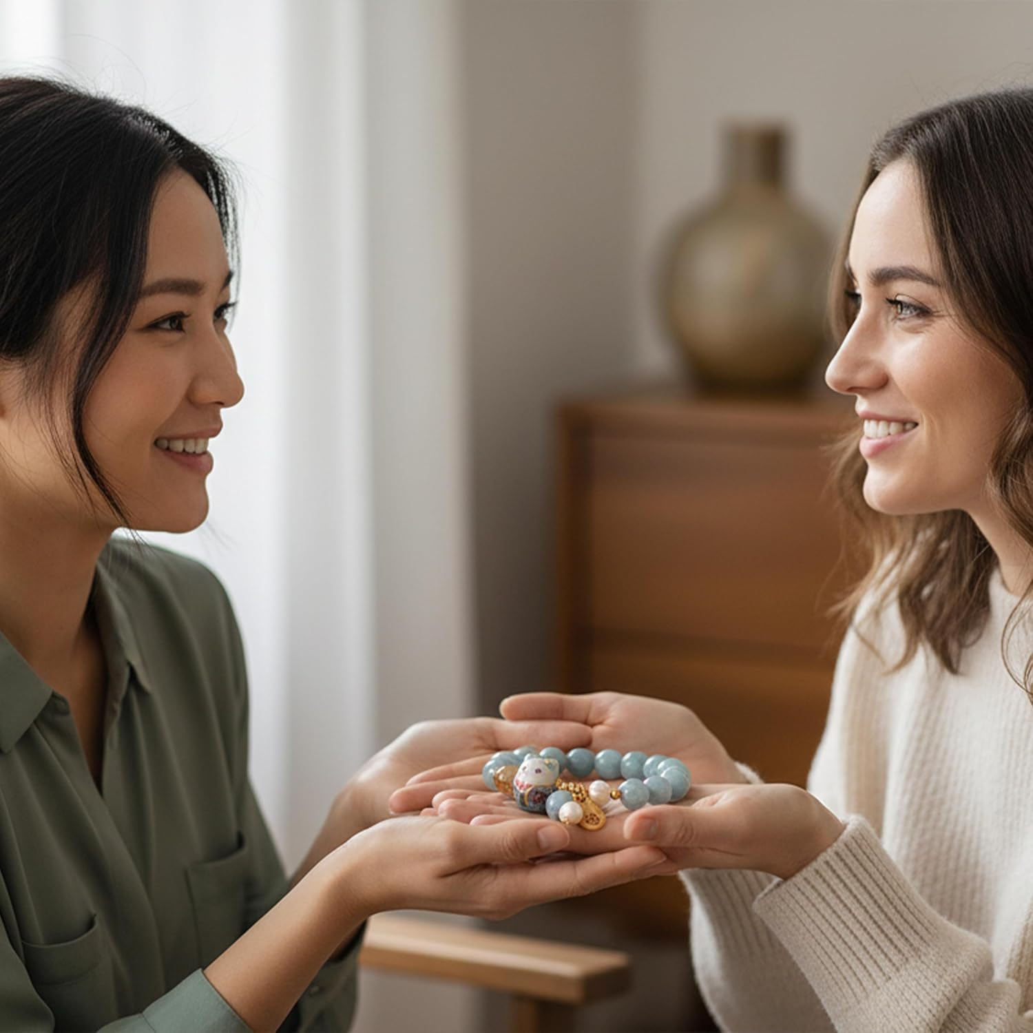2Pcs Lucky Cat Bracelet for Women Blue Crystal Beads & Hand-Painted Ceramic Cat Charm A Symbolic Gift of Good Luck Protection Wealth and New Beginnings Meaningful Accessory for Mother’s Day - Image 3