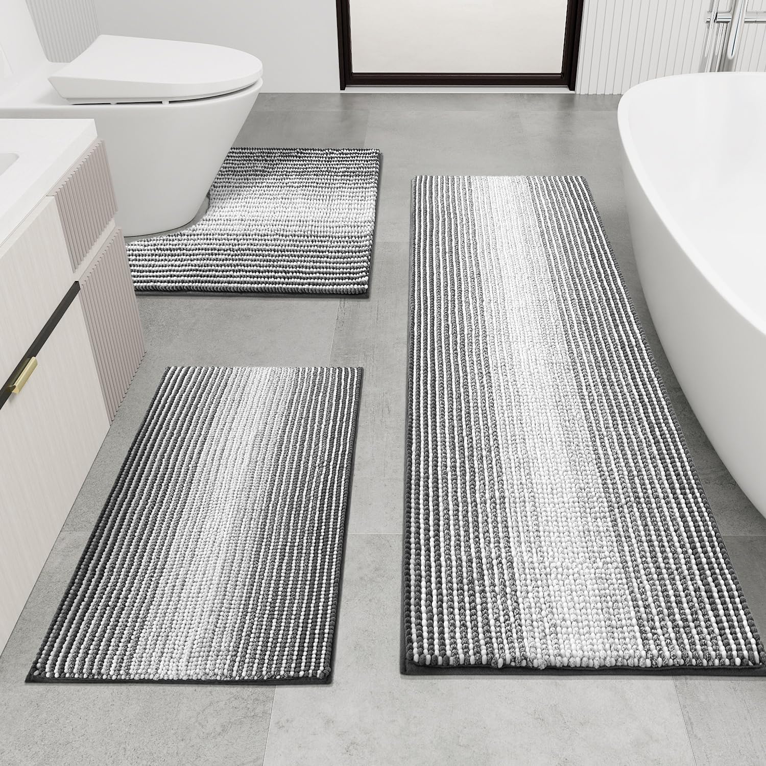 YIHOUSE Bathroom Rugs Sets, 3 Piece Soft Absorbent Chenille Bathroom Mat Rug Set, Non-Slip bath mat, Machine-Washable Bath mats for Bathroom, Tub, Shower (45"x18"+24"x16"+U20 x24 Grey)