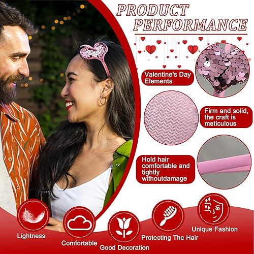 Miniatura 4 de Ecuupas Diademas de corazón para el día de San Valentín, diseño de corazón con purpurina rosa, regalos para mujeres y niñas, festividades,