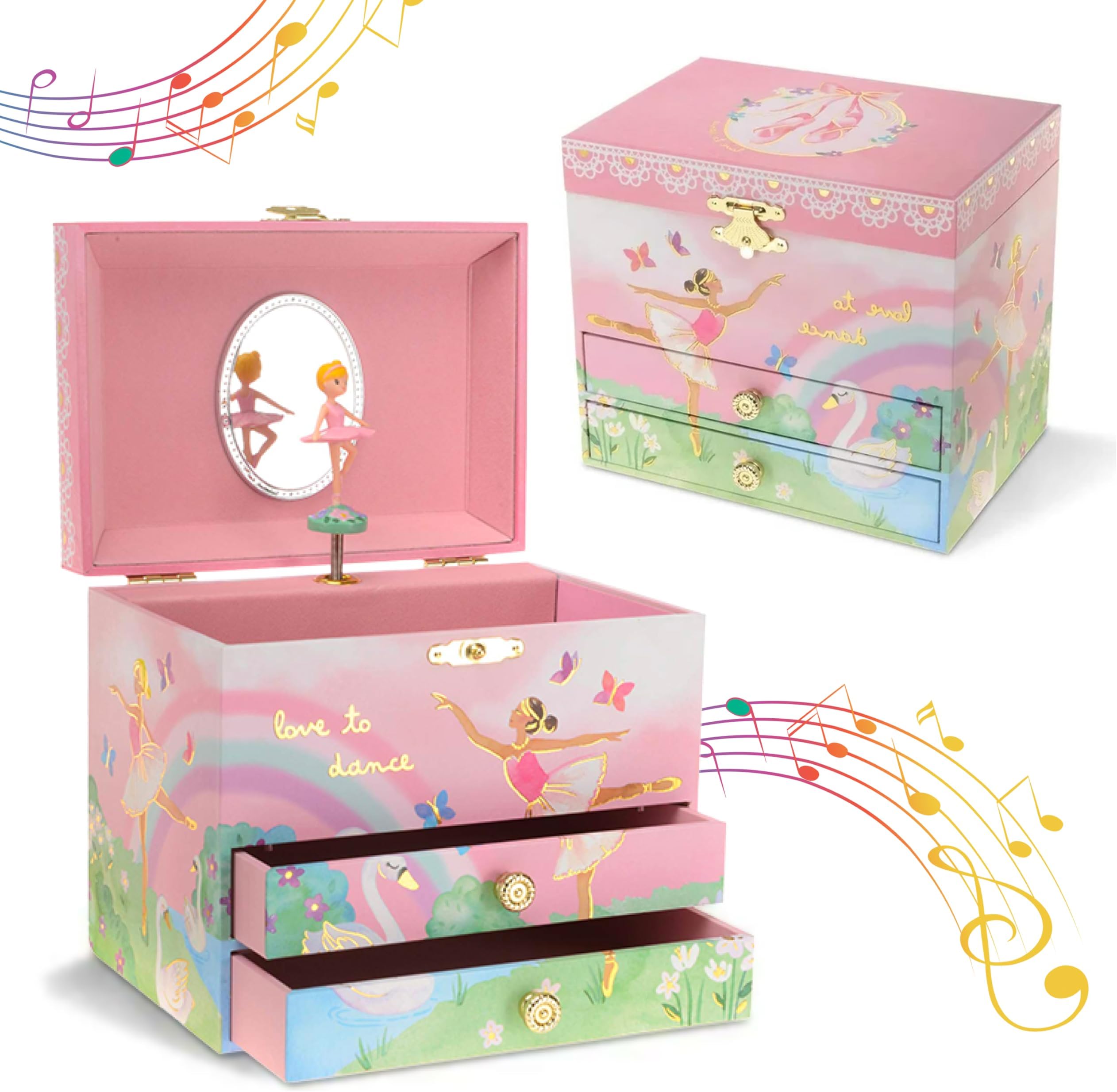 Jewelkeeper Jewelry Box for Girls - Spinning Ballerina Doll to Swan Lake Tune Music Box - Pink Jewelry Boxes for Girls with 2 Drawers - Ideal for Storing Necklaces and Bracelets - 7Lx5Hx6W Inches