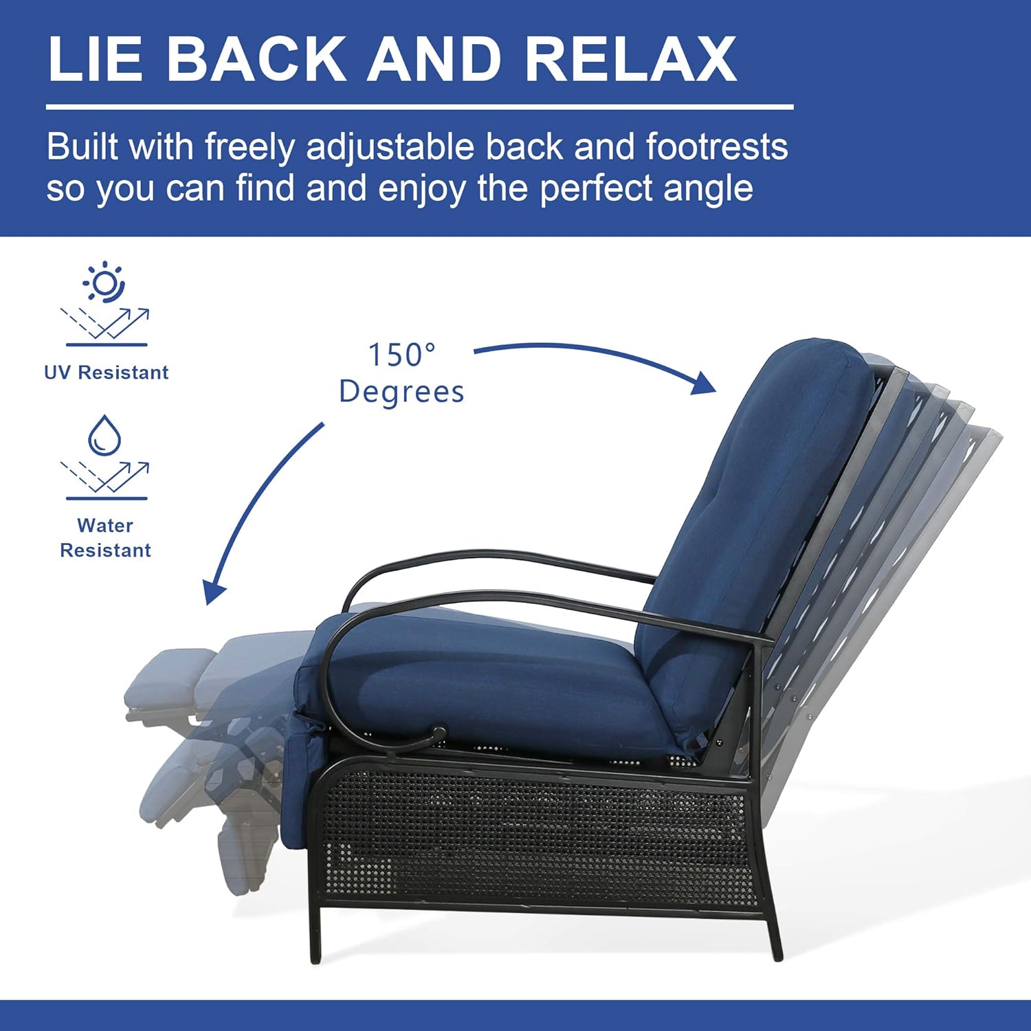PATIO TREE Adjustable Outdoor Reclining Lounge Chair Patio Recliner Chair with Strong Extendable Metal Frame and Removable Cushions for Outdoor Reading or Relaxation (Navy) : Patio, Lawn & Garden