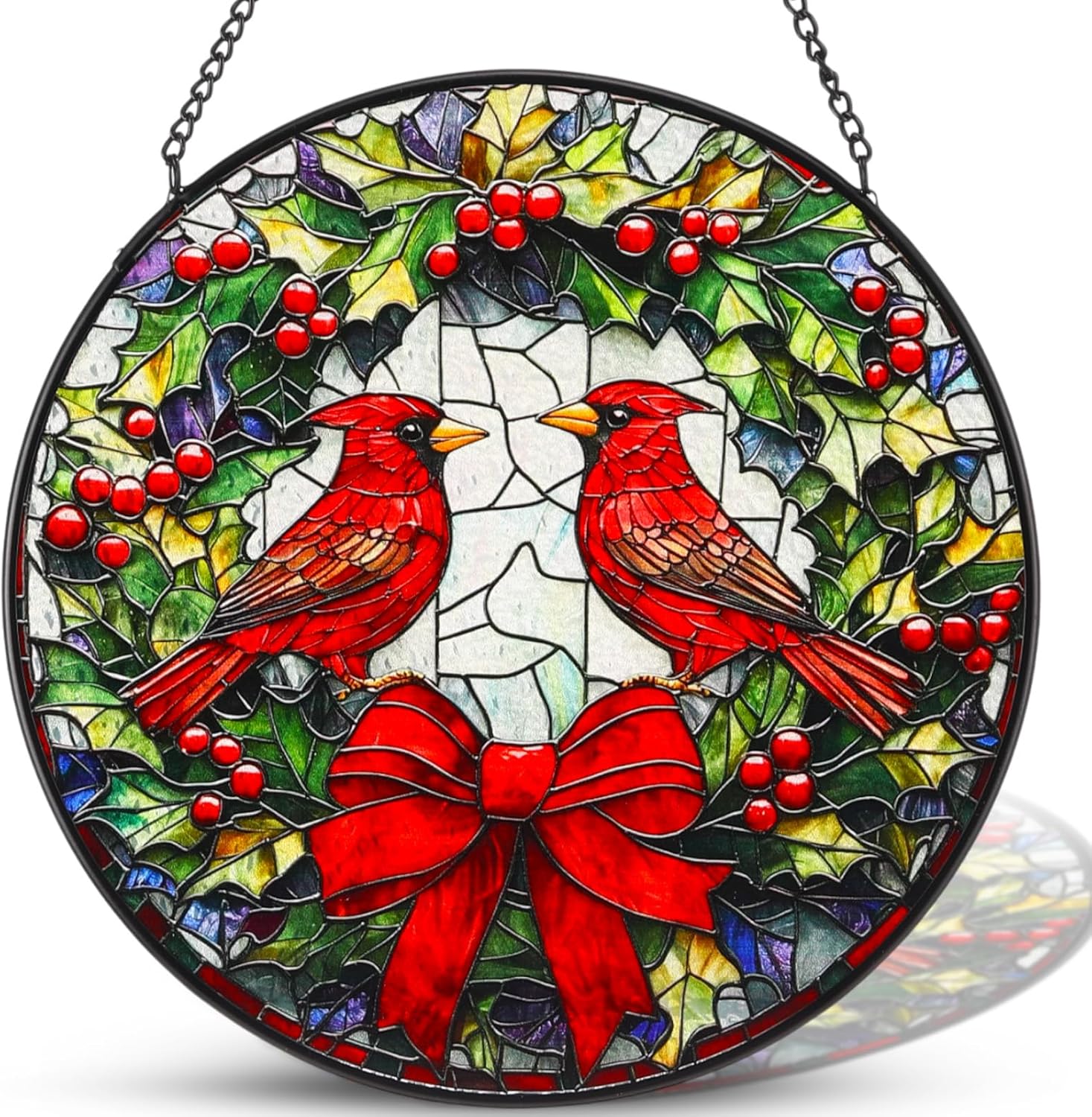 Pinkunn 7.9" Cardinal Stained Glass Window Hanging, Red Bird Sun Catcher Stained Glass Panel with Chain and Hook Cardinal Gifts for Women Christmas Winter Window Decoratios Mother's Day