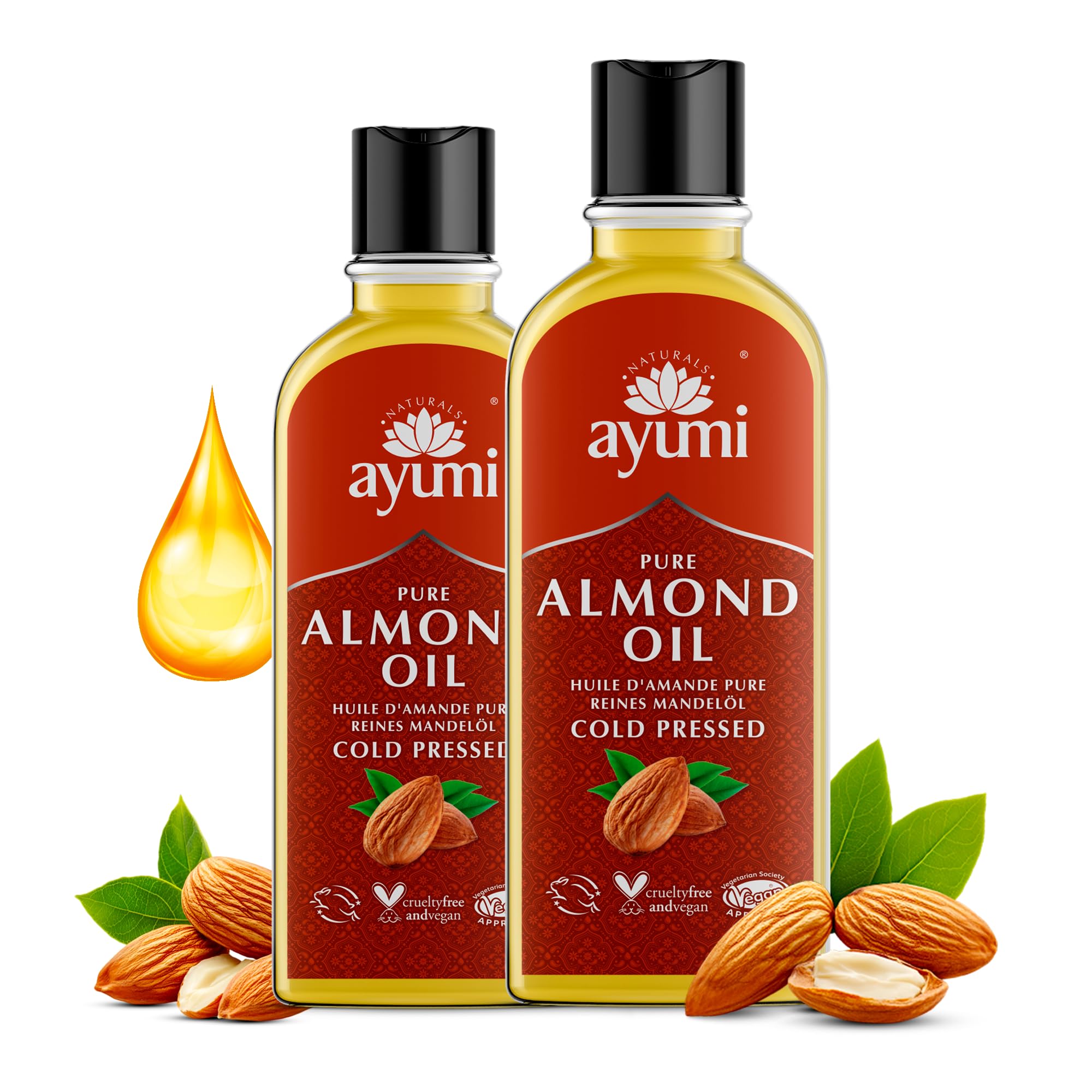 Ayumi Pure Sweet Almond Oil with Vitamin E | Hydrating Hair Oil for Dry Hair | AlmondOil for Skin Dryness | Anti-Ageing FaceOil | Body Oil for Dry Skincare | Beard Oil for Grooming | 2 x 150ml