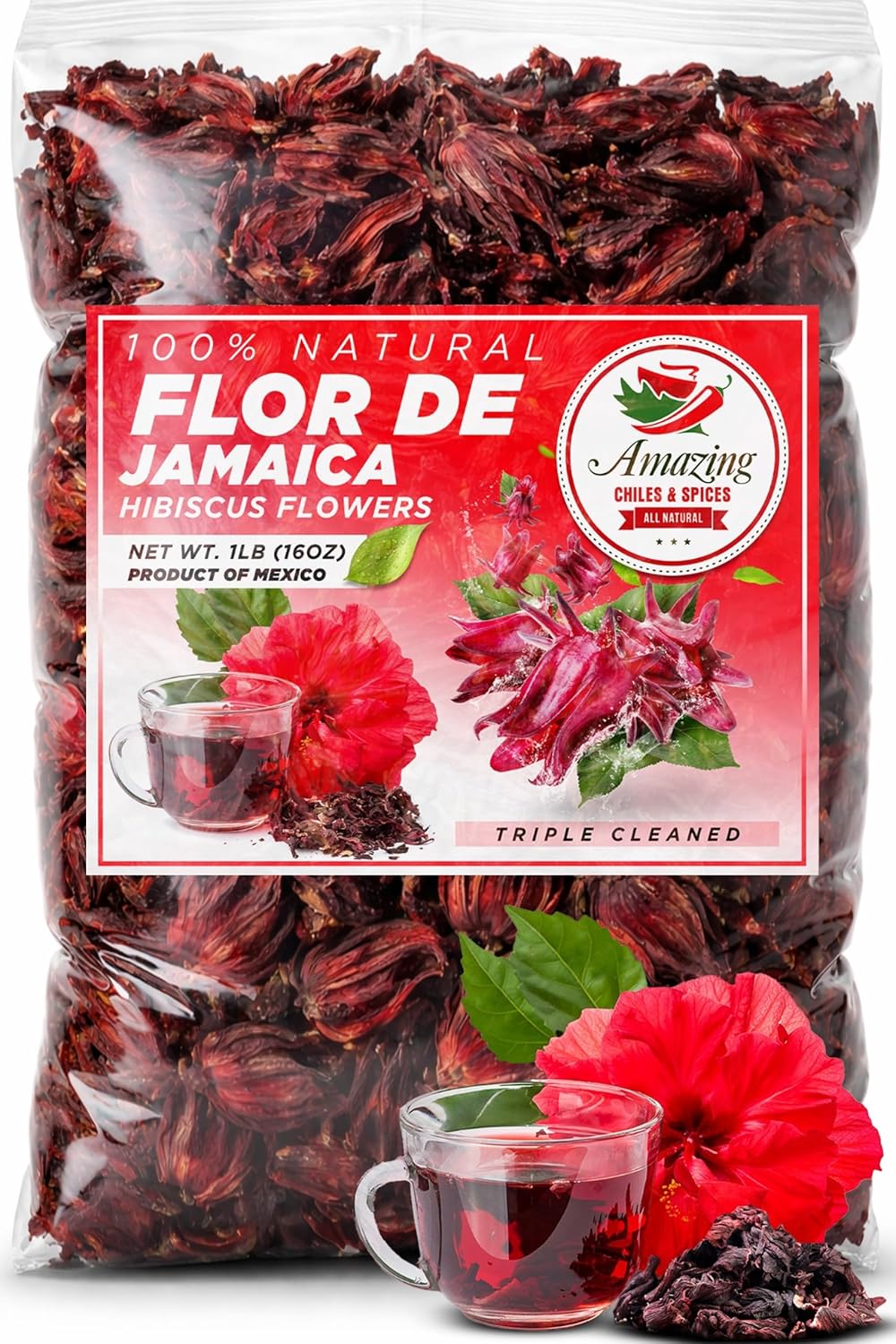 Hibiscus Flowers 2lb (32oz) – All Natural, Triple Cleaned - Whole Soft Flowers and Petals - Flor de Jamaica. Great for Hot or Iced Tea and Agua Fresca. By Amazing Chiles and Spices