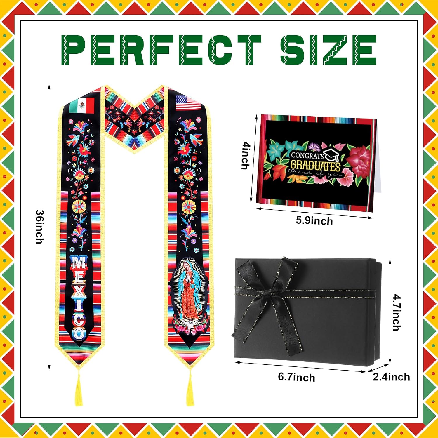 Knitgrip 3 Pcs Mexican Graduation Sash Gift Set 72'' Hispanic Embroidery Mexican Graduation Stole with Tassel Black Gift Box Greeting Card for 2026 Adult College Unisex Grads Celebrate