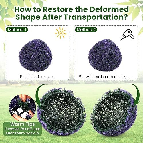 Vista 12 de Goplus 2 bolas topiarias artificiales de 19.5 pulgadas, bolas redondas de boj de imitación de acebo para exteriores con flores blancas, esferas