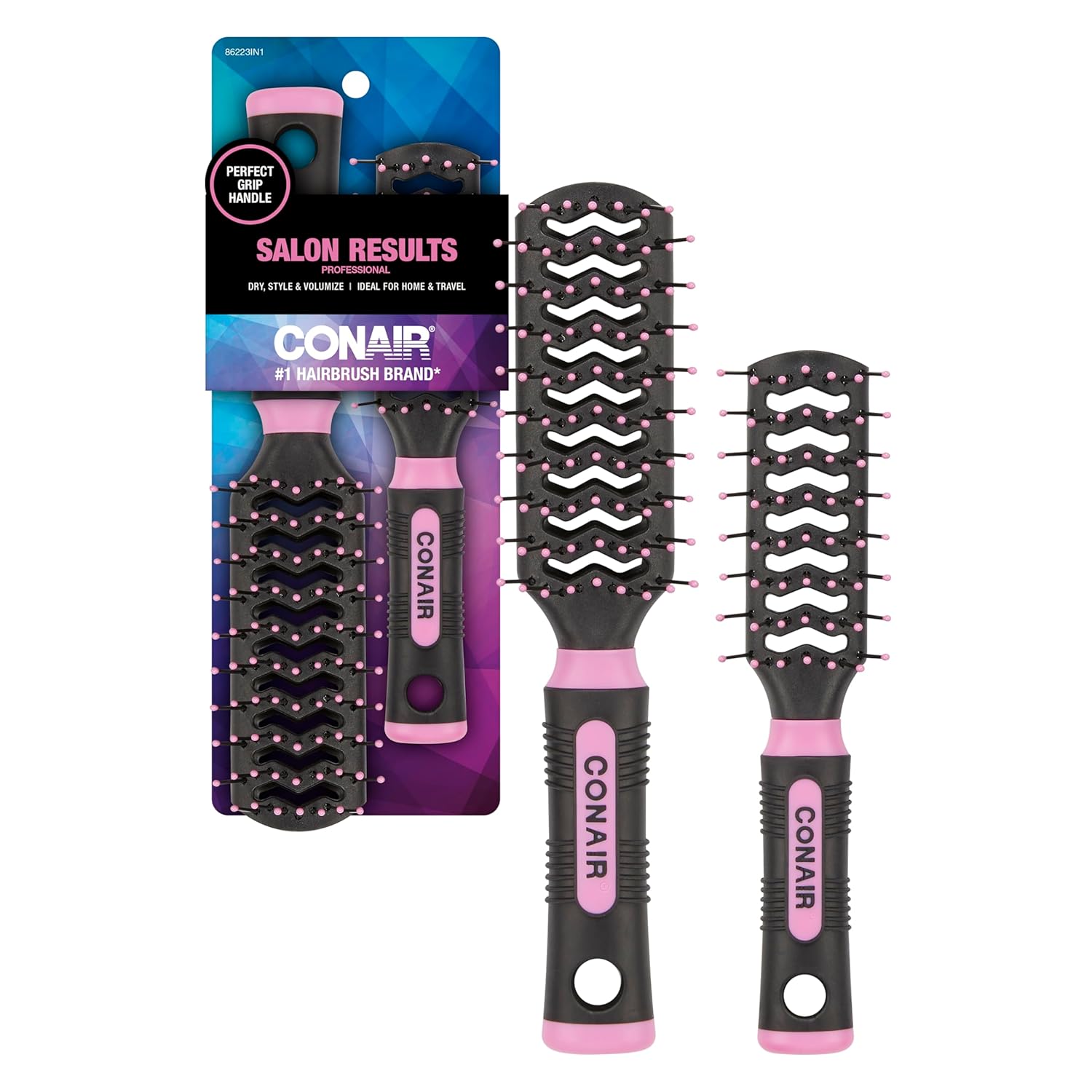 Conair Salon Results Vent Hairbrush Set – Detangling Hair brush – suitable for men and women – features Travel + Full-size – Pink/Black
