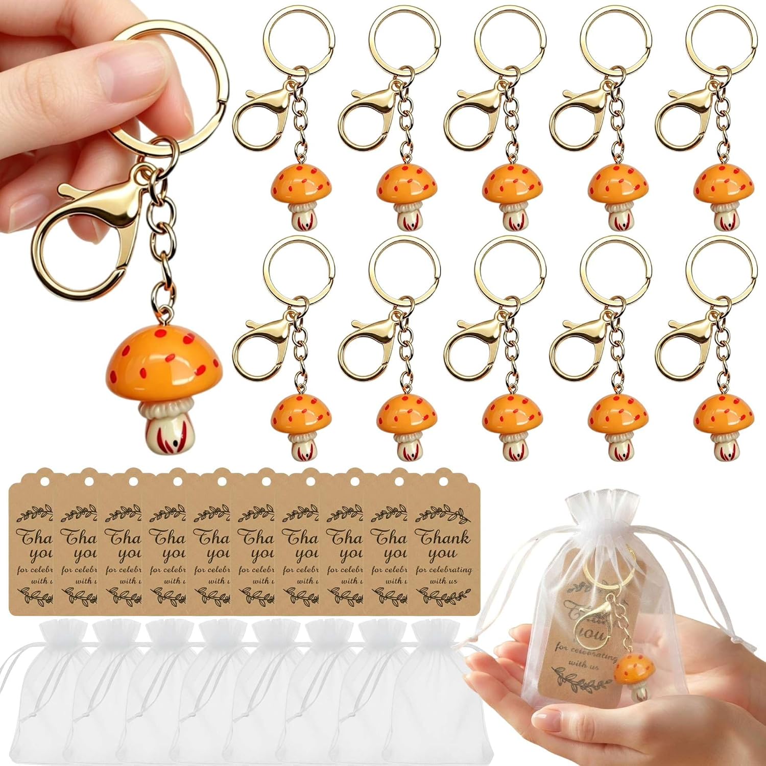 20 Sets Orange Mushroom Keychains with White Organza Bags and Thank You Tag