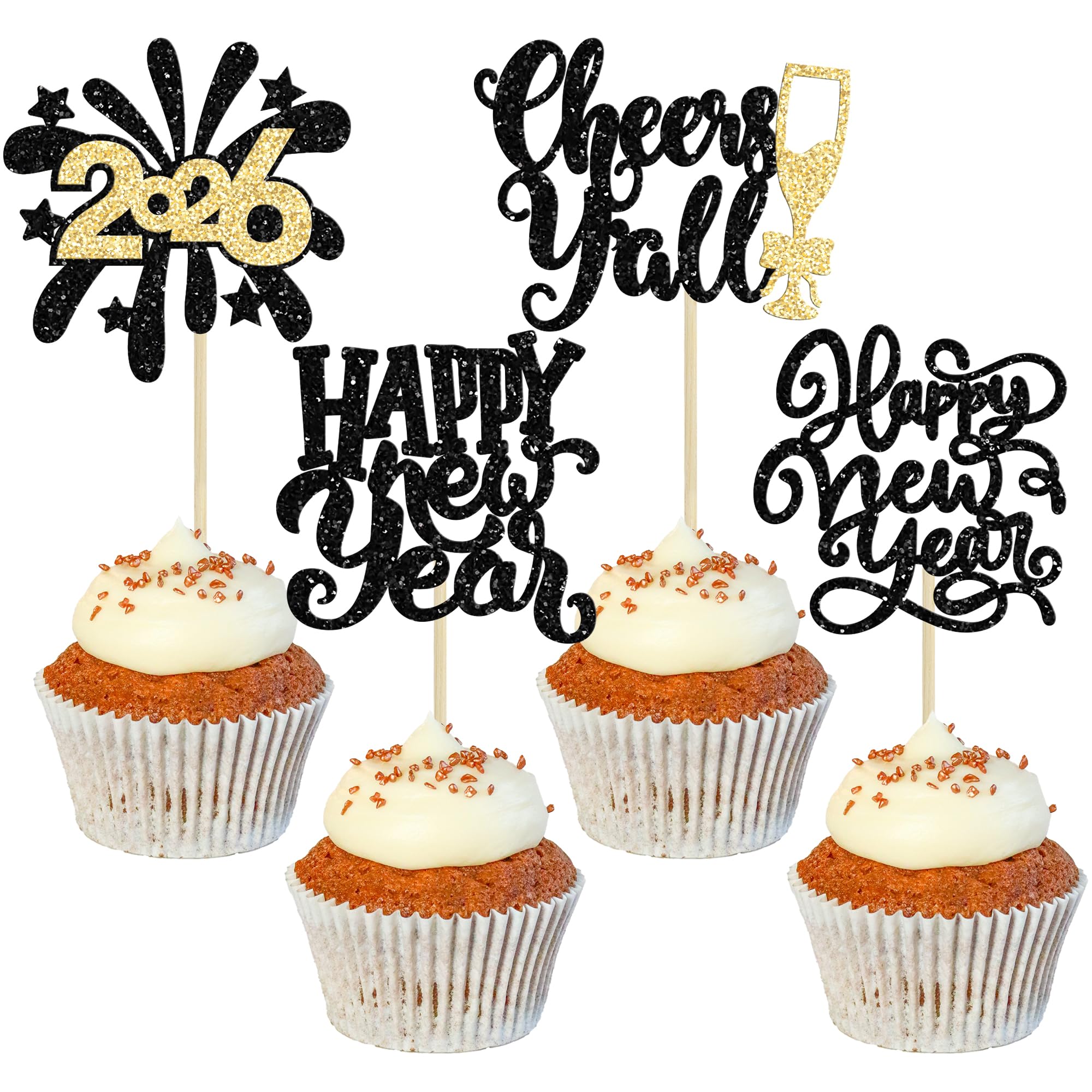 Ephlyn 24Pcs Happy New Year Cupcake Toppers Glitter Cheers to 2026 Cake Picks Fireworks Cupcake Toppers for Congratulations 2026 Happy New Year Eve Holiday Theme Holiday Party Decoration Black